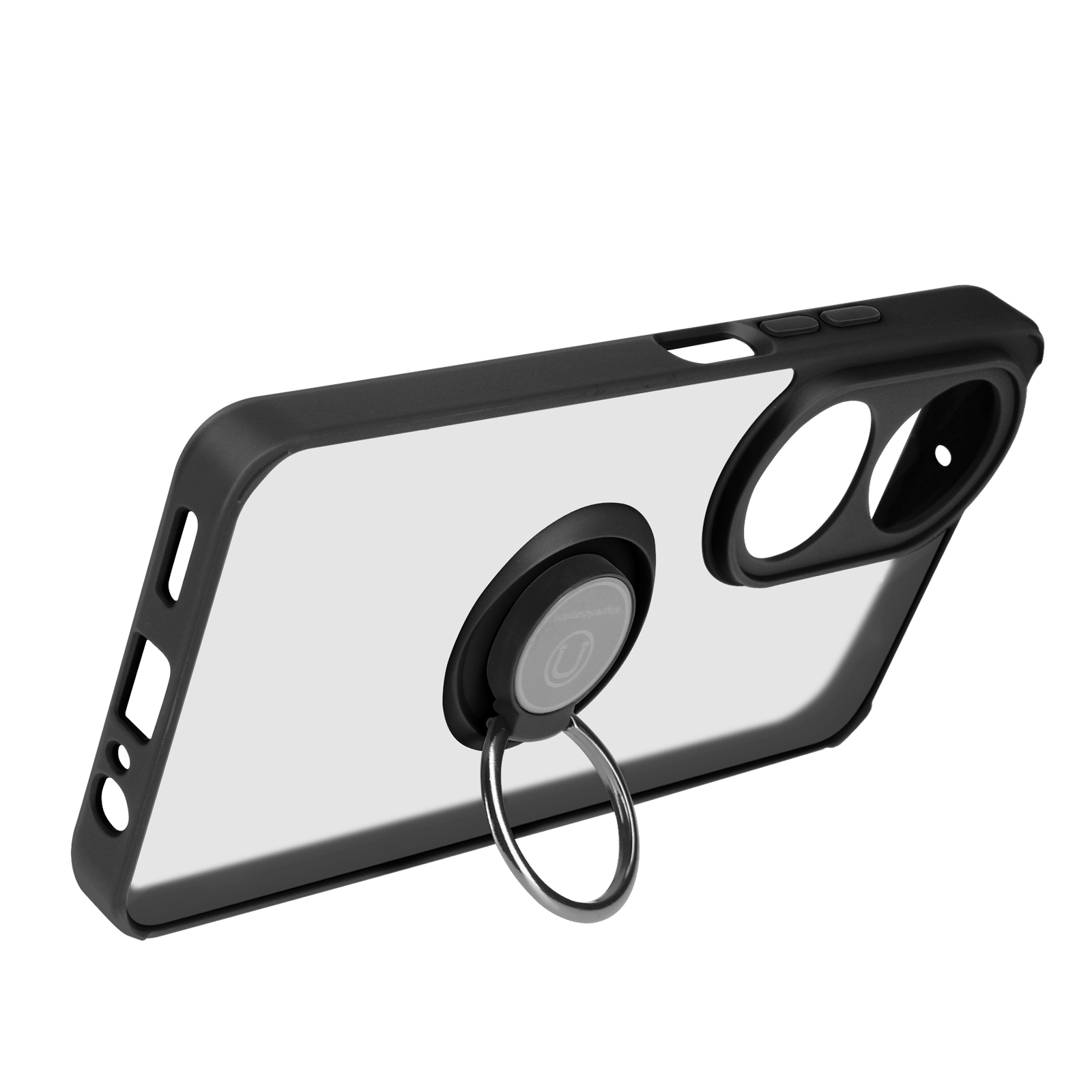 Custodia per telefono nera e trasparente con anello. L'anello è argentato. La custodia ha delle aperture.