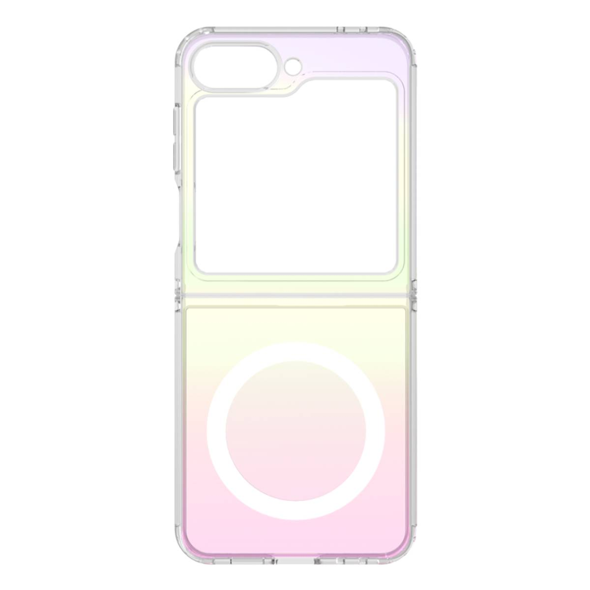 Custodia trasparente pieghevole con sfumatura di colori. Lo sfondo è bianco.