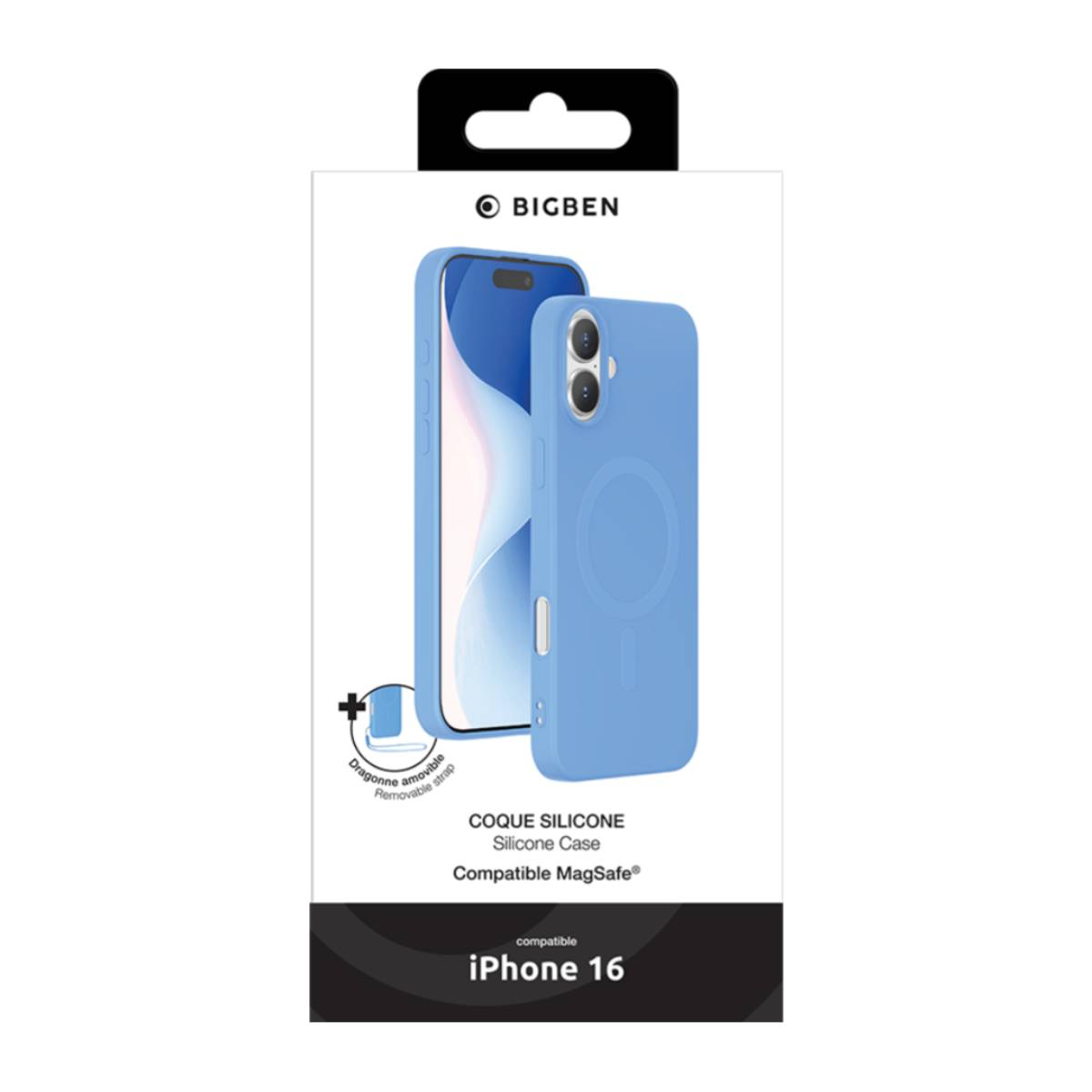 Custodia blu per telefono con modello di telefono su sfondo bianco. Per iPhone 16.