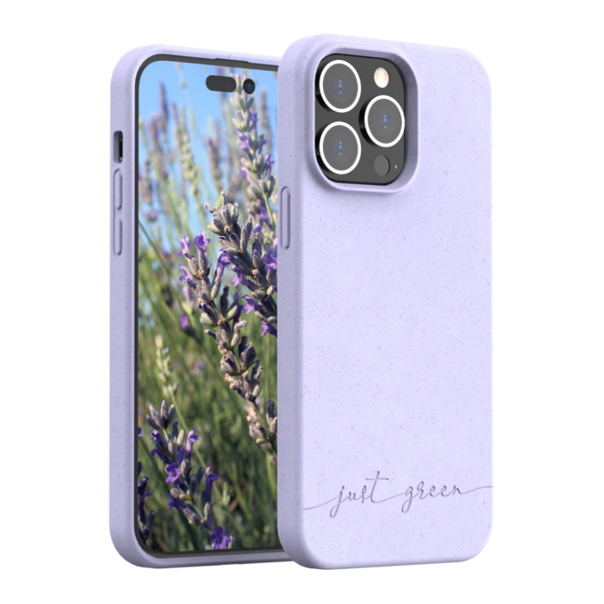 Lavendelfarbene Handyhülle mit einem Telefon darin. Die Hülle hat den Text 'just green'.