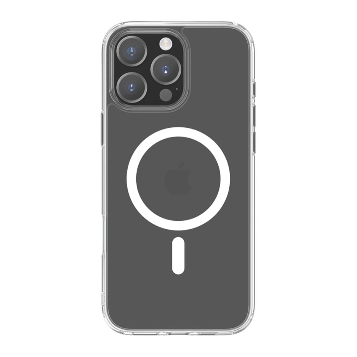 Custodia trasparente per telefono con logo Apple e anello magnetico bianco sul retro.