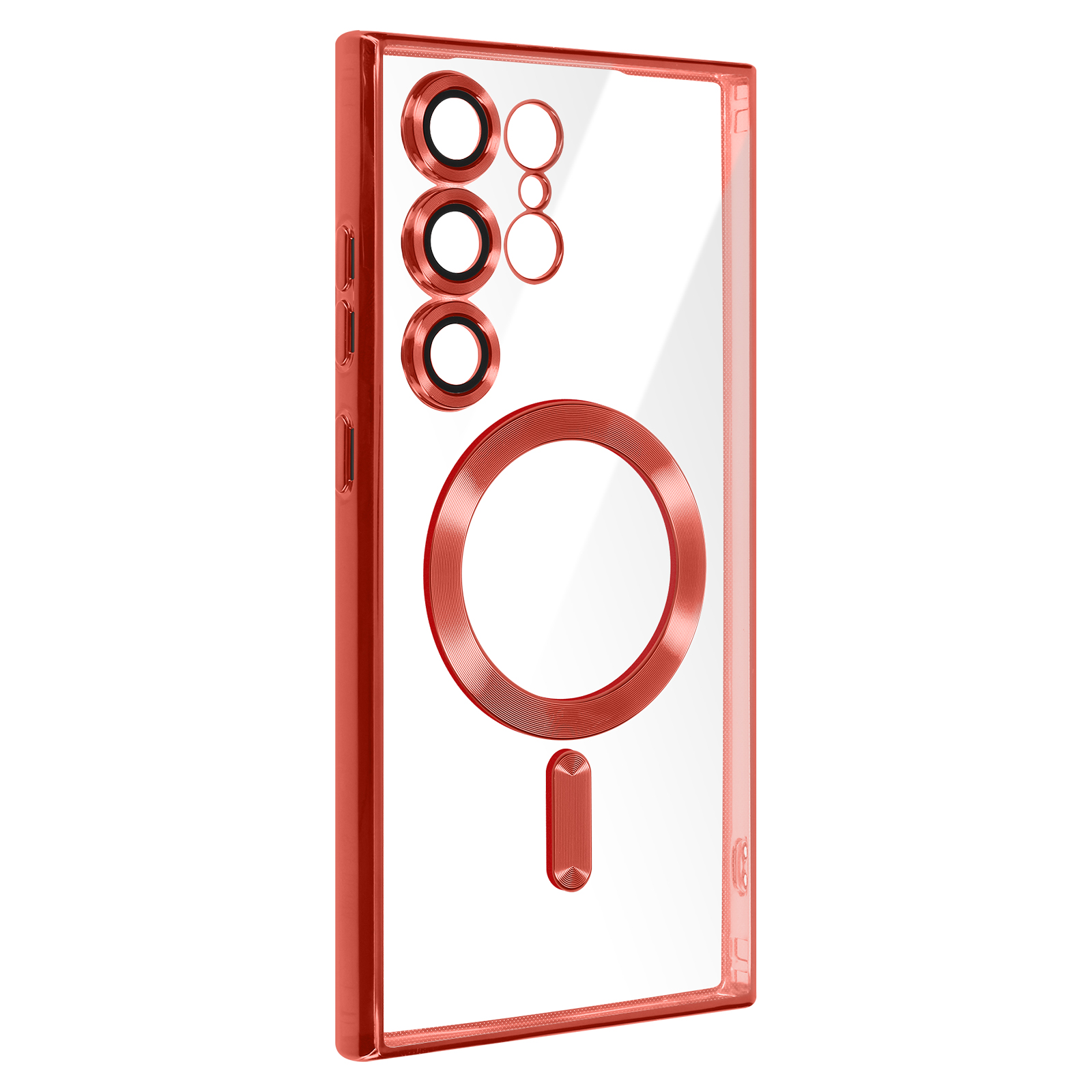 Transparente Handyhülle mit roten Akzenten. Stichworte: Handyhülle, transparent, rot, MagSafe, Kamera.