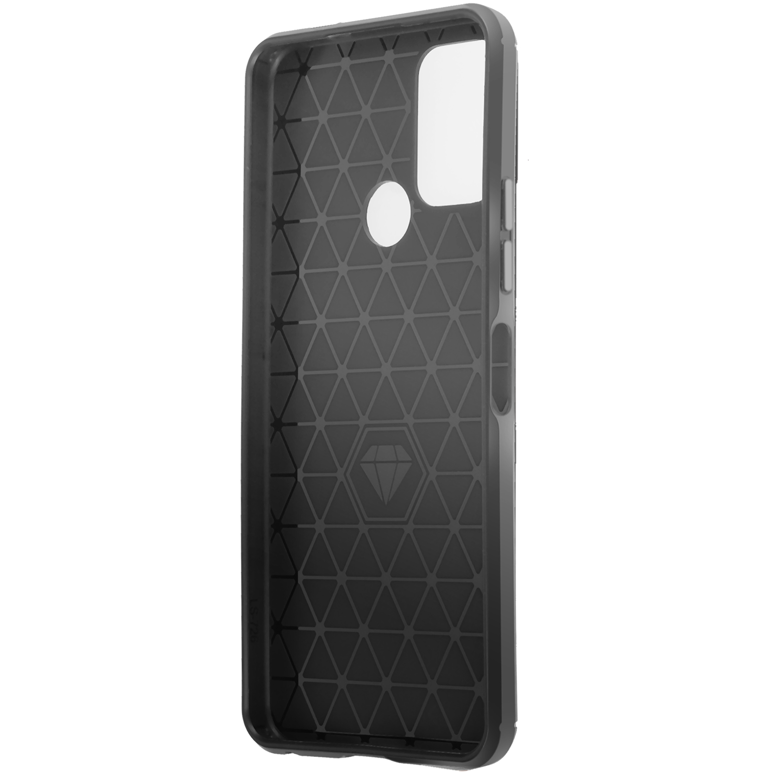 Schwarze Handyhülle mit geometrischem Muster innen. Dreieckige Formen und Diamant-Design.