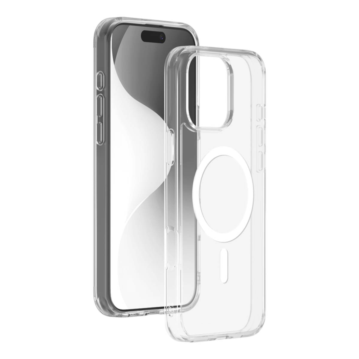 Custodia trasparente con un telefono all'interno, che mostra lo schermo del telefono e l'anello magnetico della custodia.