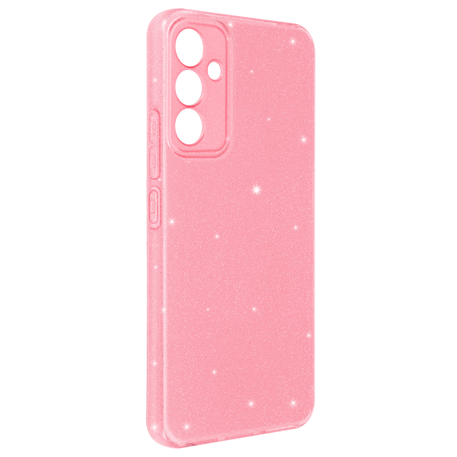 Una custodia rosa per telefono con brillantini. La custodia ha ritagli per fotocamera e pulsanti.