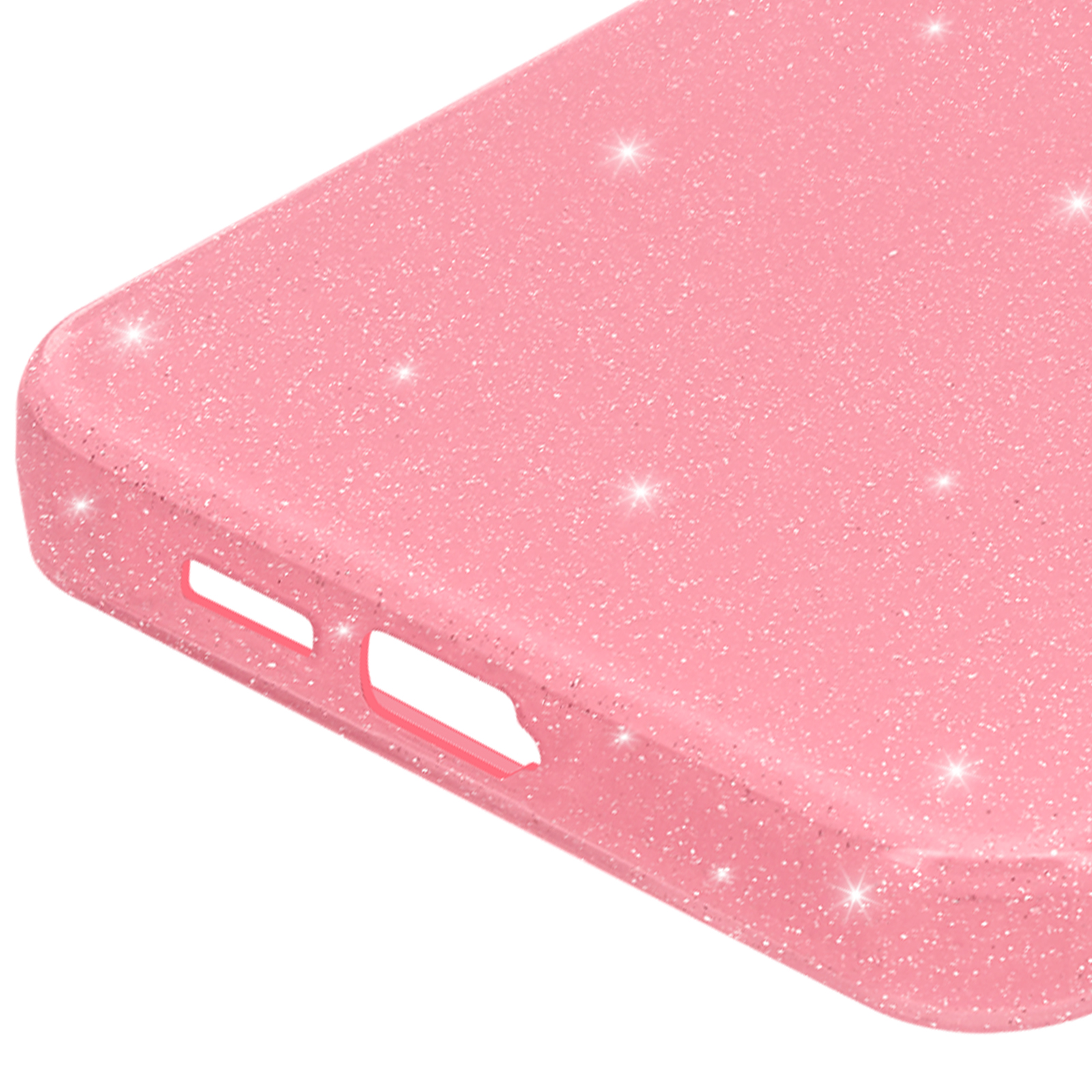Custodia rosa glitterata che mostra il lato con porte di ricarica e fori per i tasti.