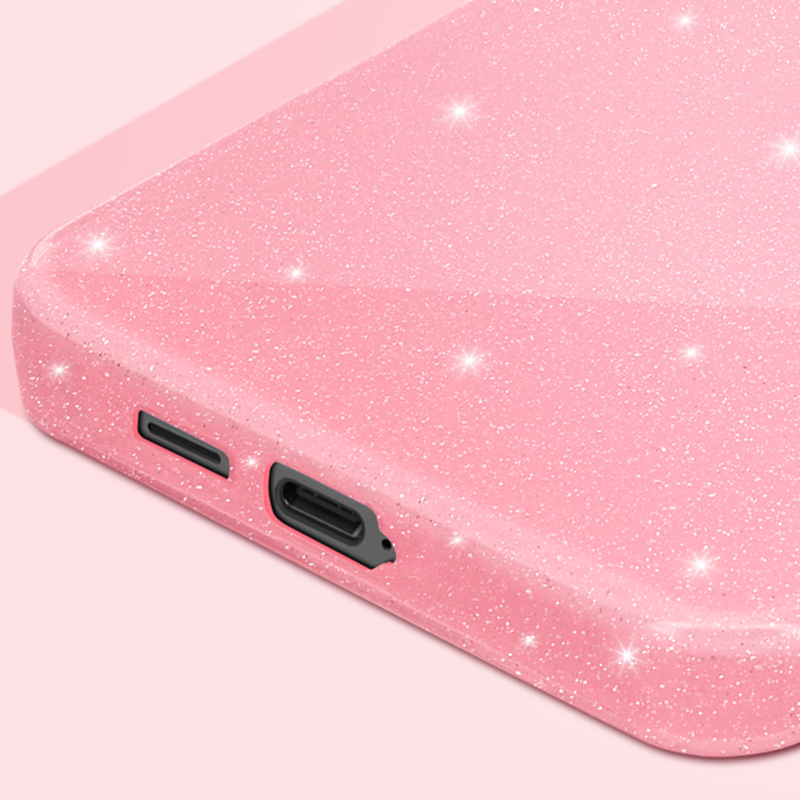 Custodia per telefono rosa scintillante con porta di ricarica e fori per altoparlanti.