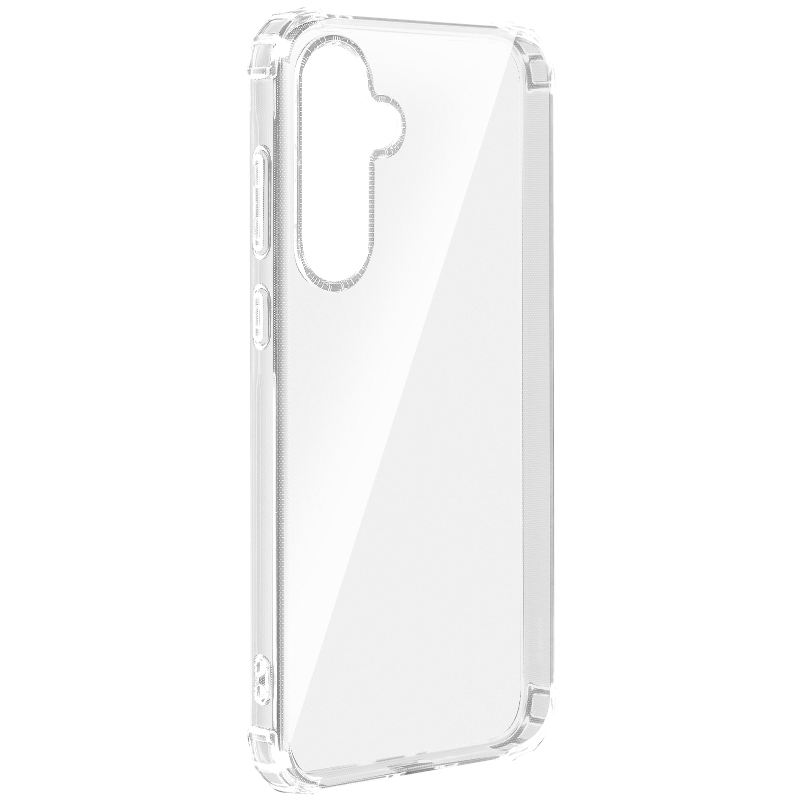 Custodia trasparente per telefono su sfondo bianco. La custodia ha un design curvo.