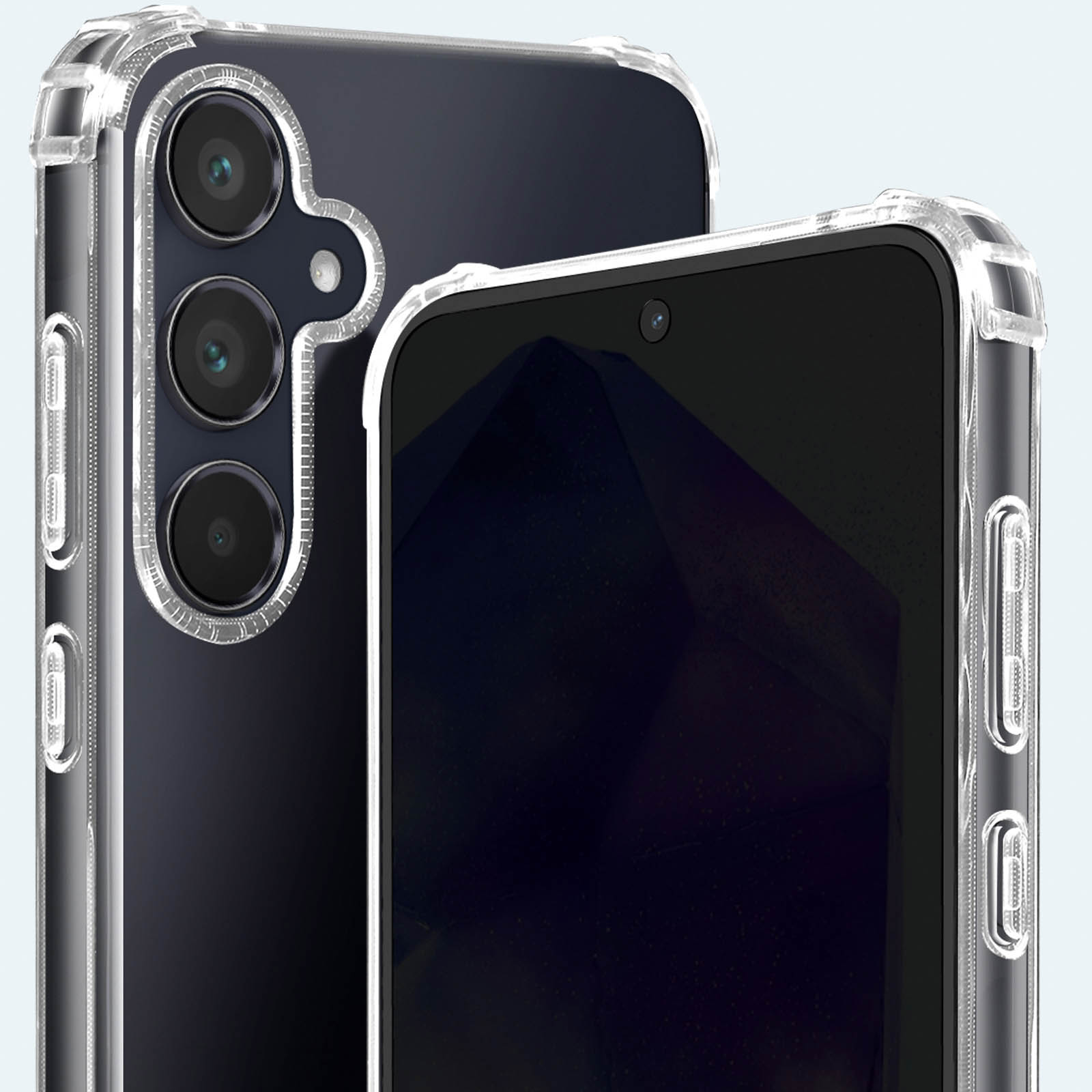 Custodia trasparente con un telefono dentro, che mostra la fotocamera.