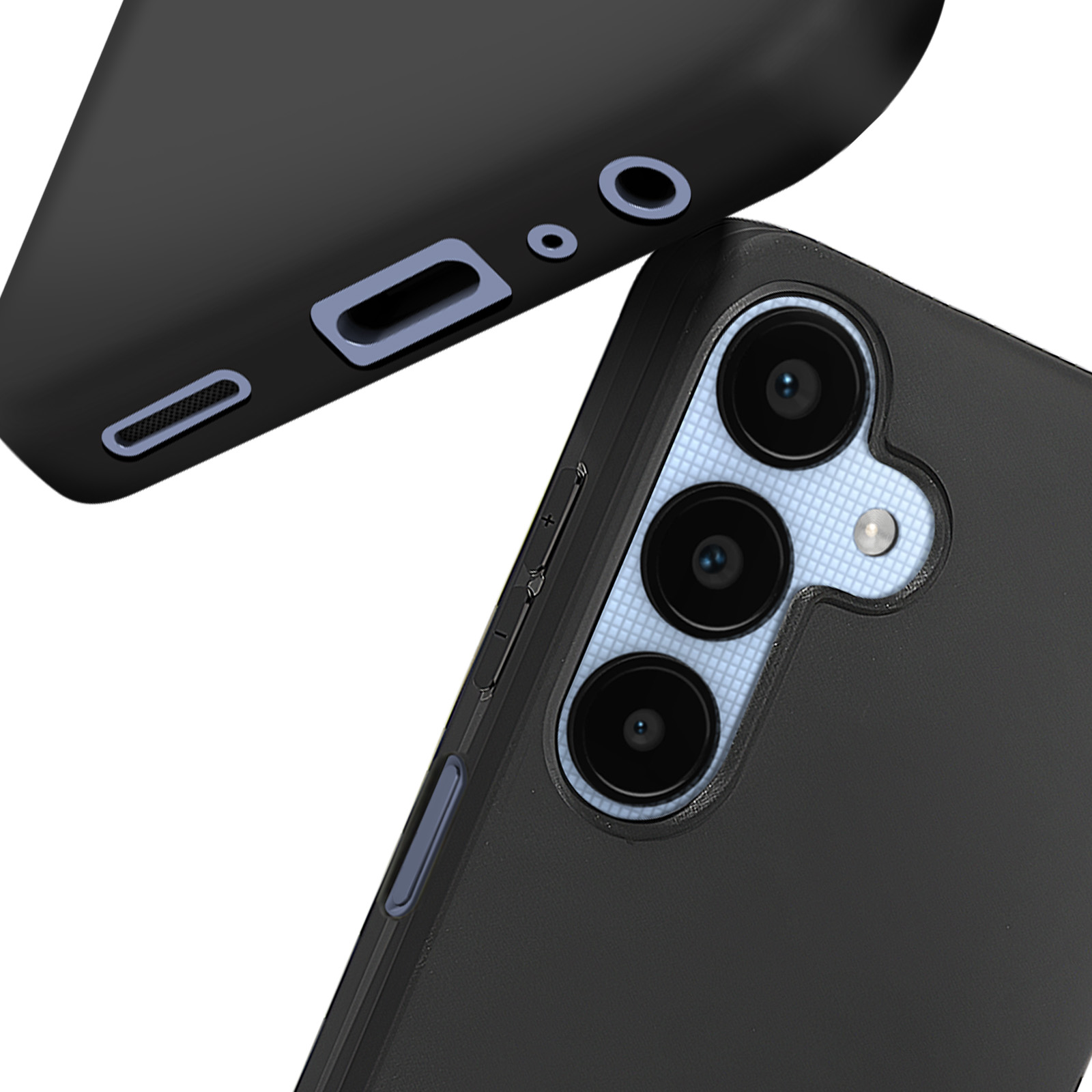 Custodia nera con lenti della fotocamera e pulsanti laterali visibili.