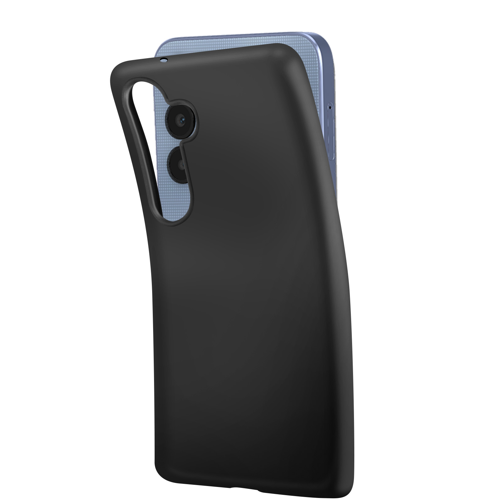 Custodia nera per telefono parzialmente aperta. La parte posteriore del telefono è visibile. Schienale blu. Sfondo bianco.