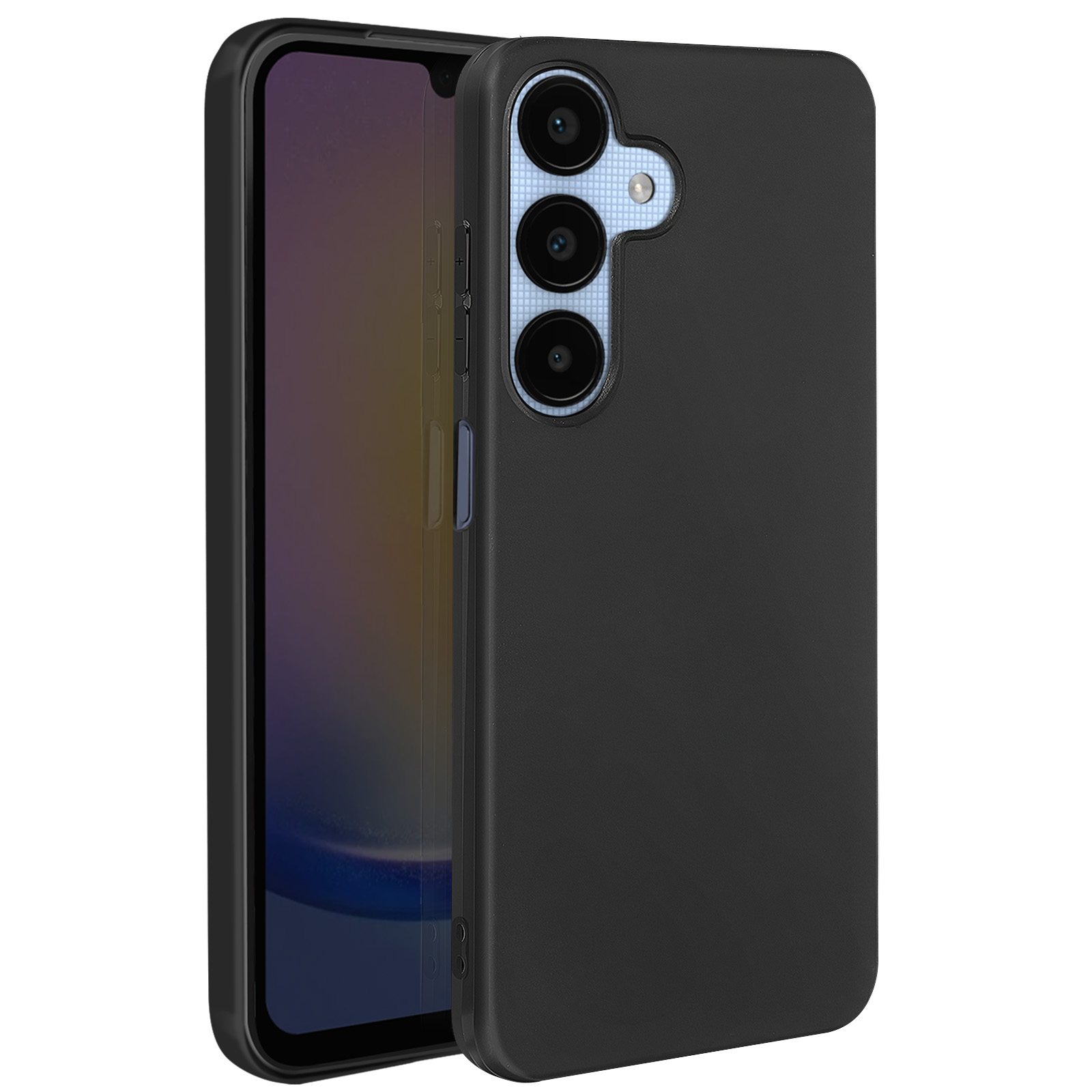 Custodia nera per telefono con telefono dentro. Il telefono ha un modulo fotocamera e una cornice nera.