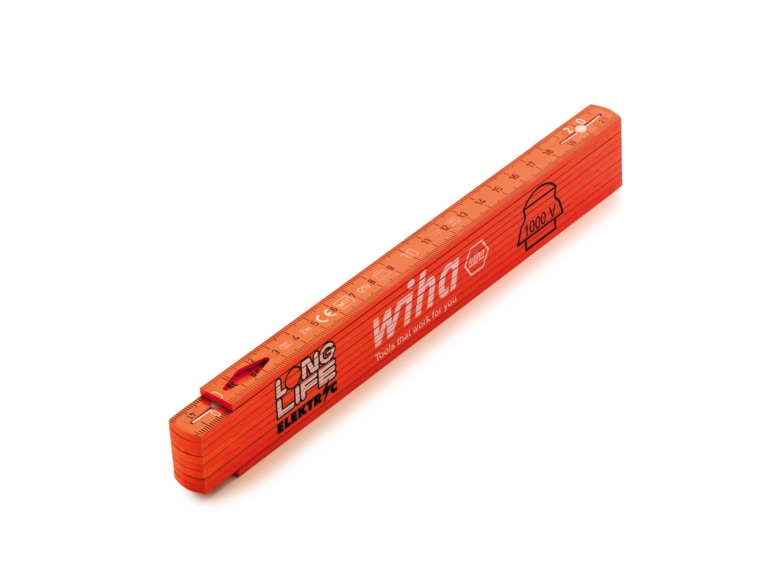 Ein orangefarbener Zollstock mit dem Text "Wiha Tools that work for you" und einem 1000-V-Symbol.