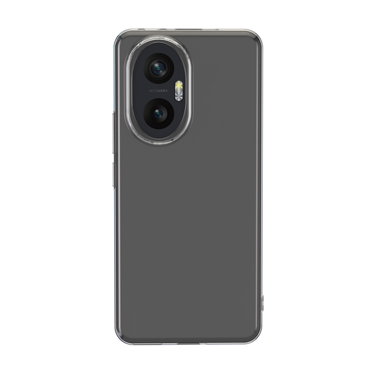 Custodia trasparente con lenti della fotocamera visibili, su un telefono grigio.