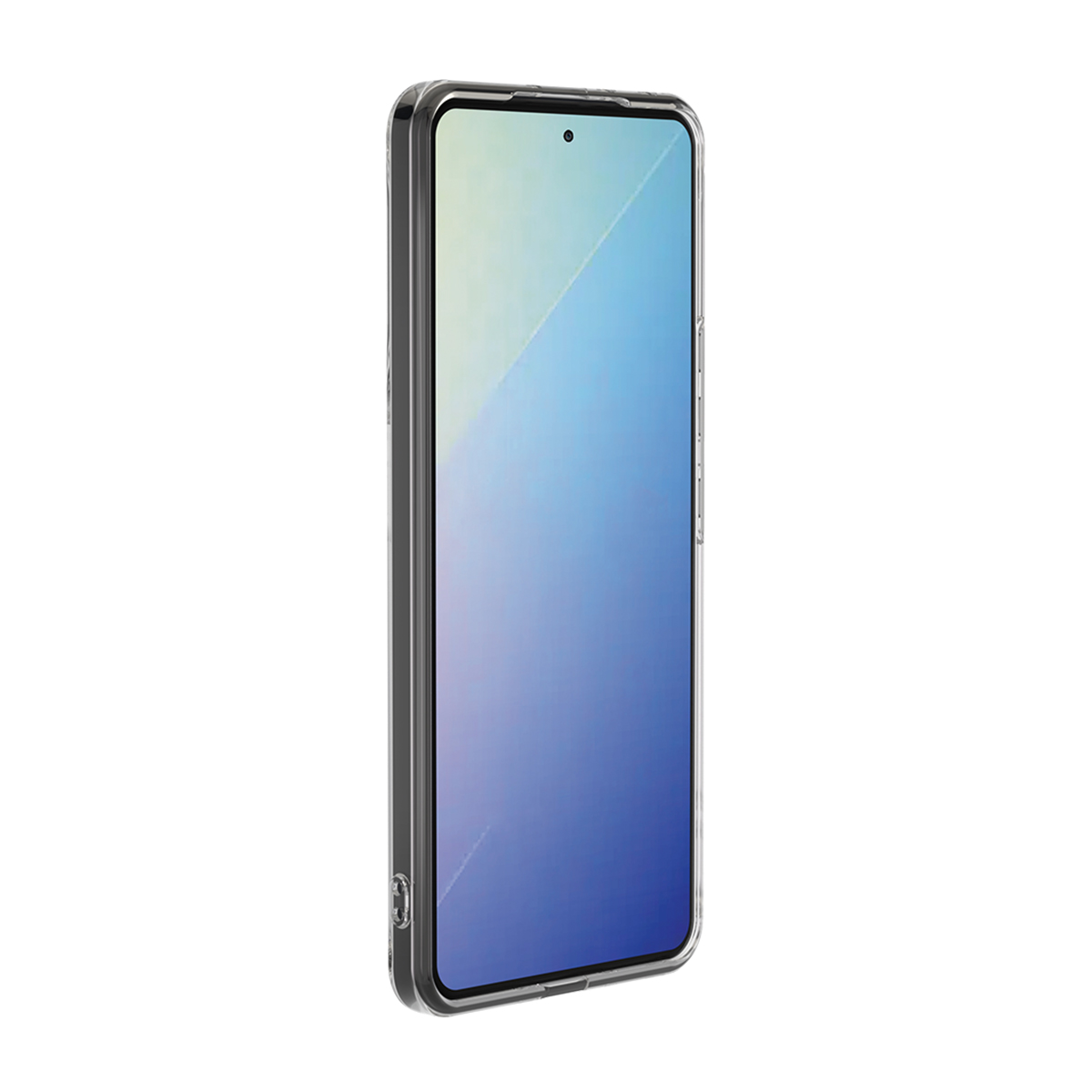 Custodia trasparente sul telefono. Telefono visibile, con schermo blu.