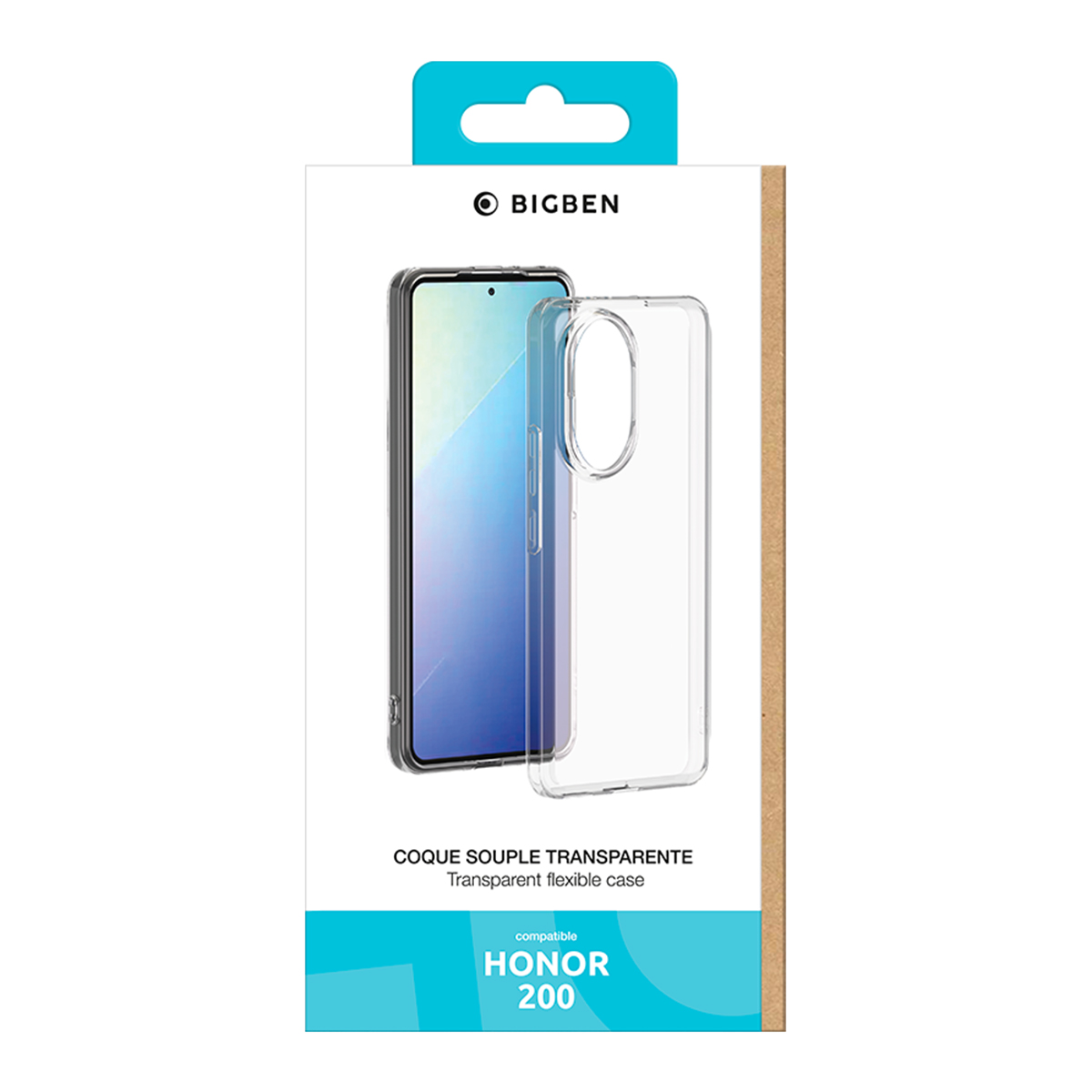 Scatola della custodia del telefono con una custodia trasparente e telefono all'interno. È compatibile con Honor 200.