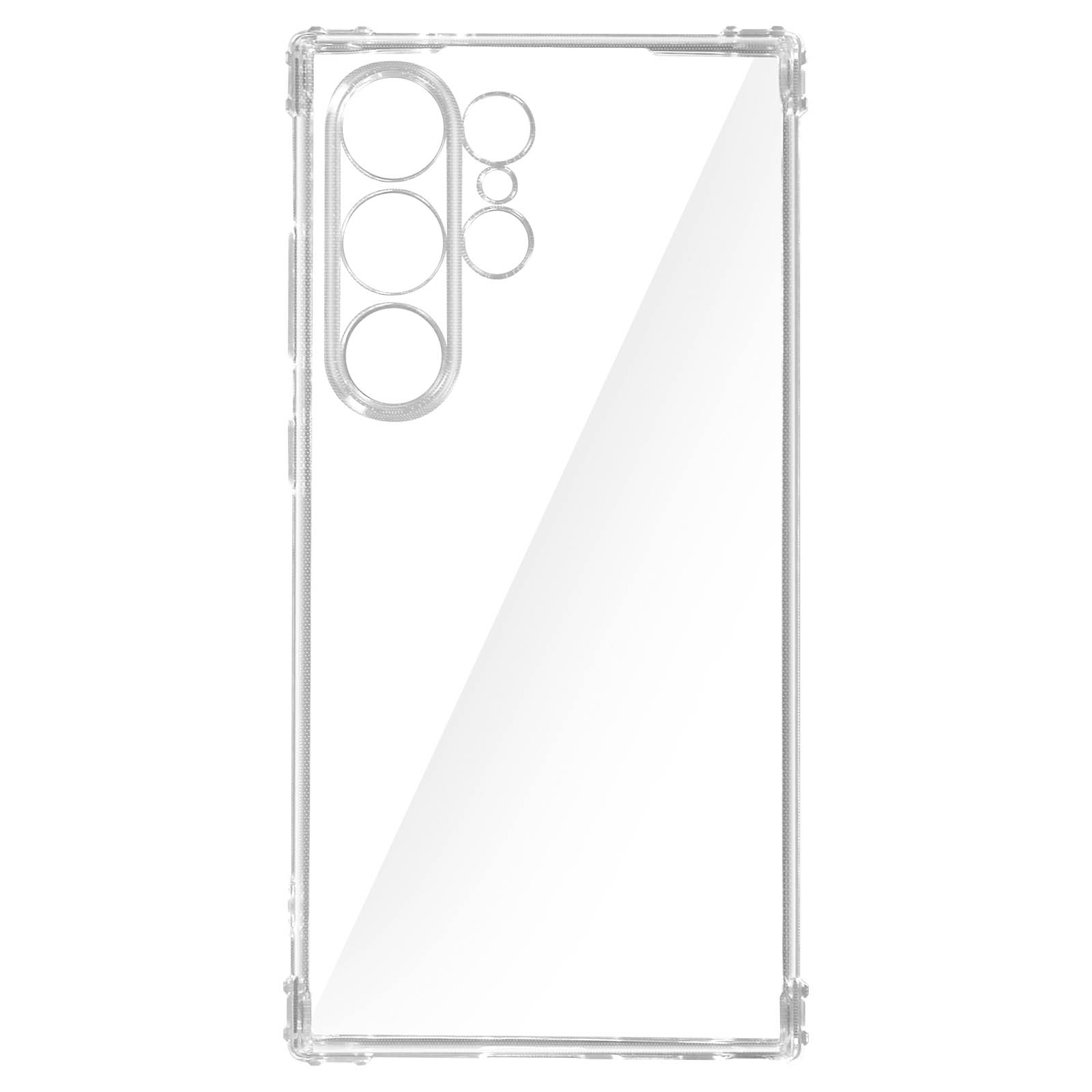 Custodia trasparente con ritagli multipli per fotocamera, forma rettangolare.