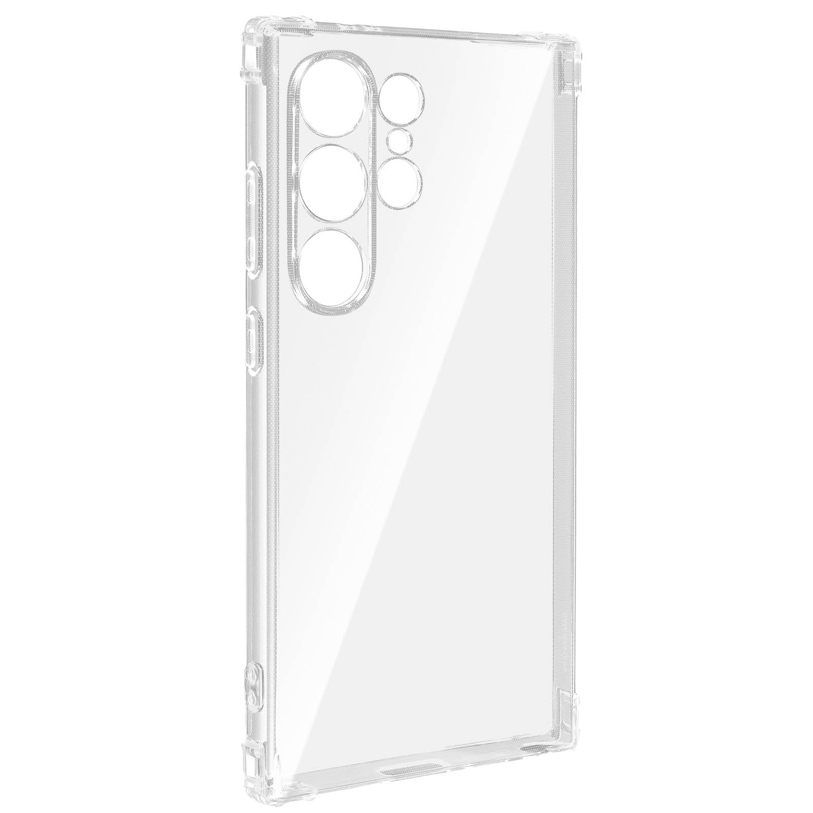 Custodia trasparente per telefono, che mostra il retro di un telefono con ritagli per la fotocamera.