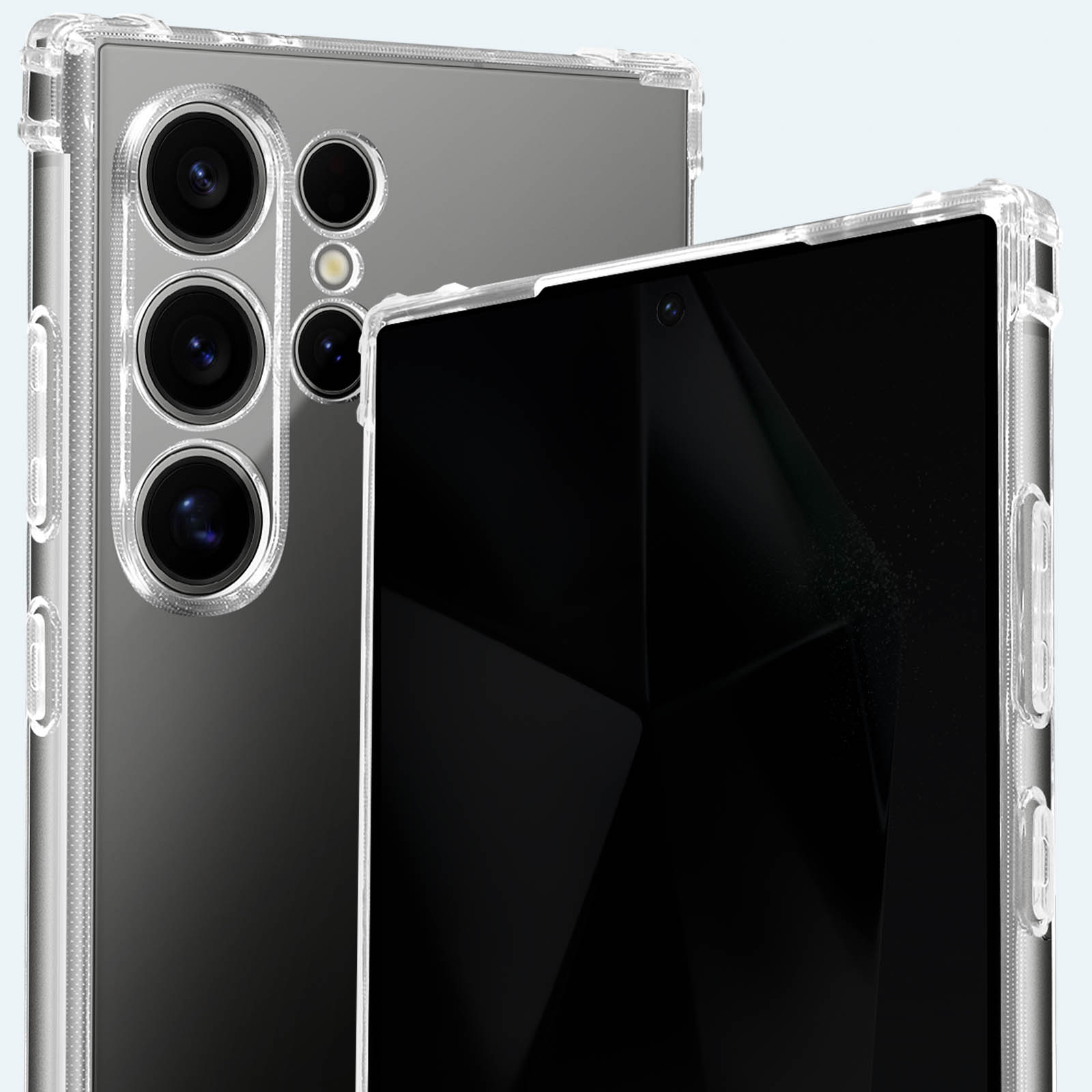 Custodia trasparente per telefono con telefono all'interno. Il telefono ha più lenti della fotocamera.
