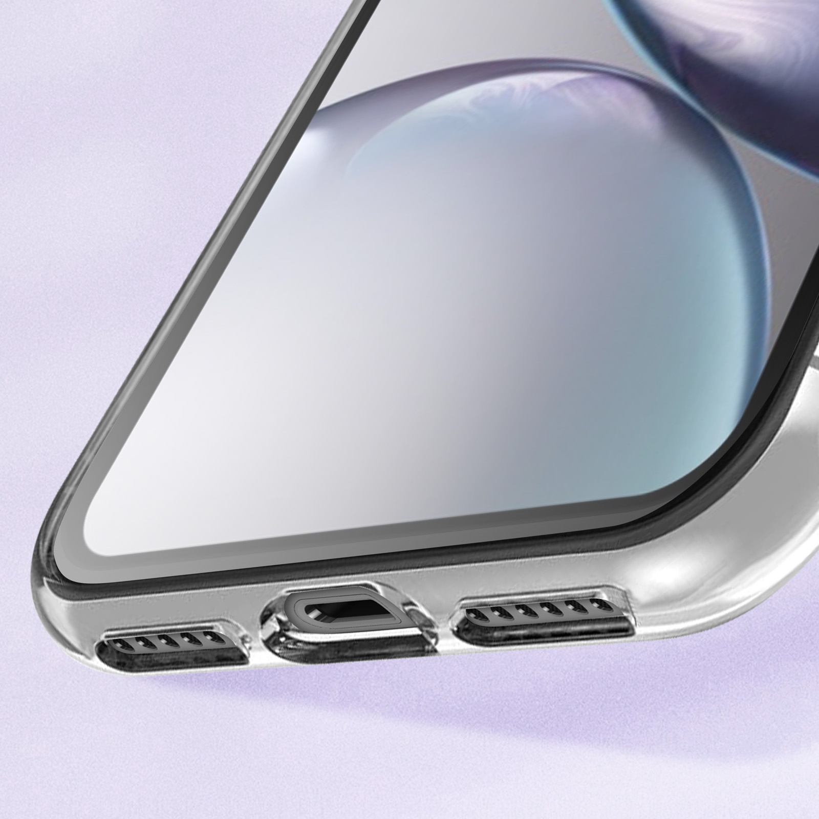 Custodia con porte audio. Parole chiave: custodia, telefono, porte audio, vista laterale.