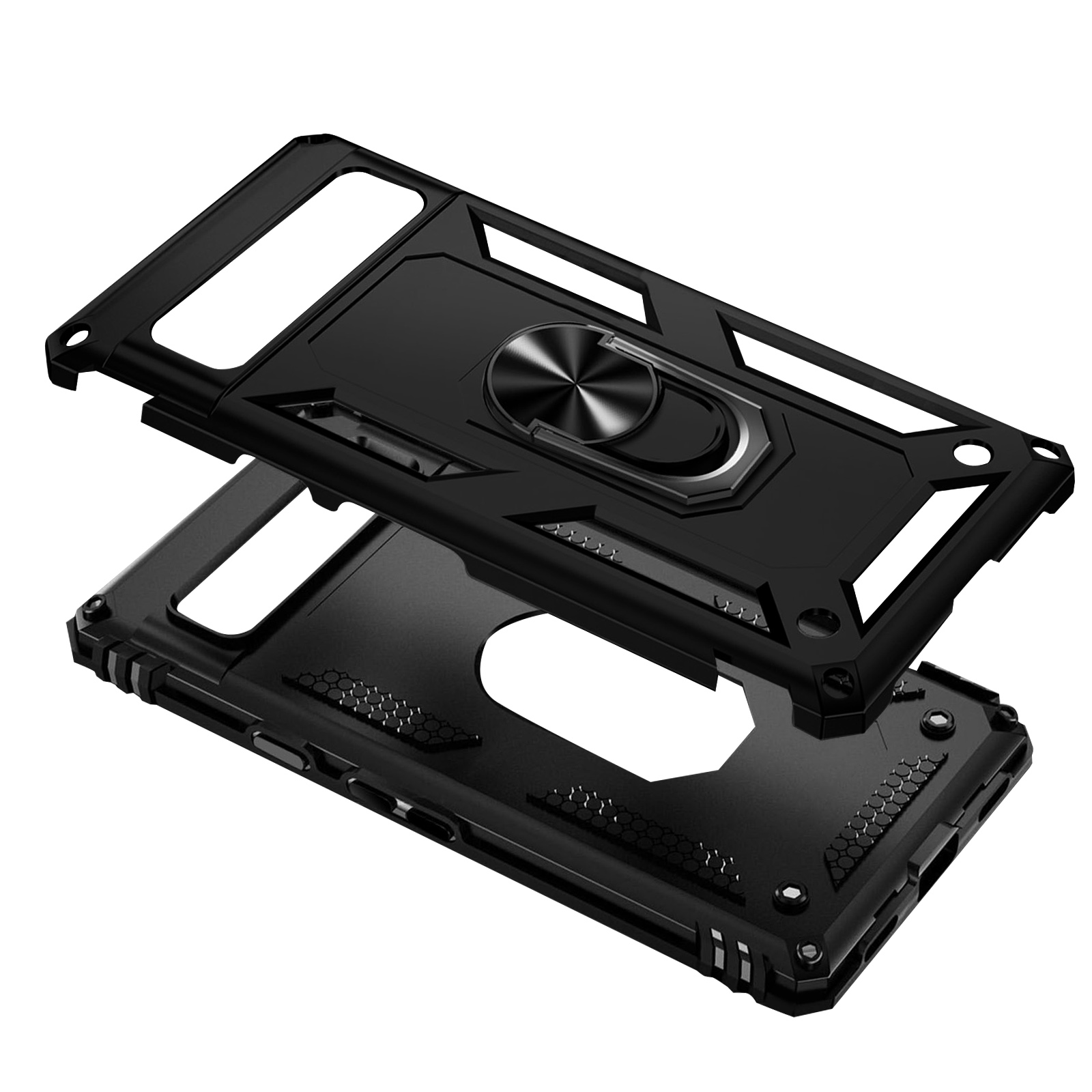 Schwarzes Handycase zerlegt. Schwarzes Handycase zerlegt mit Ring und anderen Merkmalen.