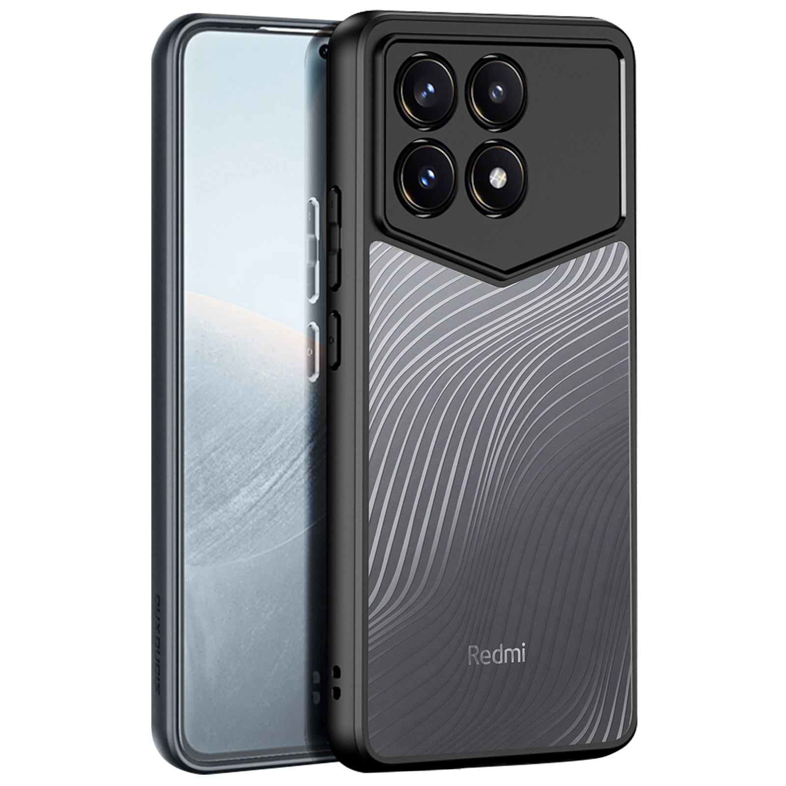 Custodia nera e grigia con design sul retro, con telefono a sinistra.