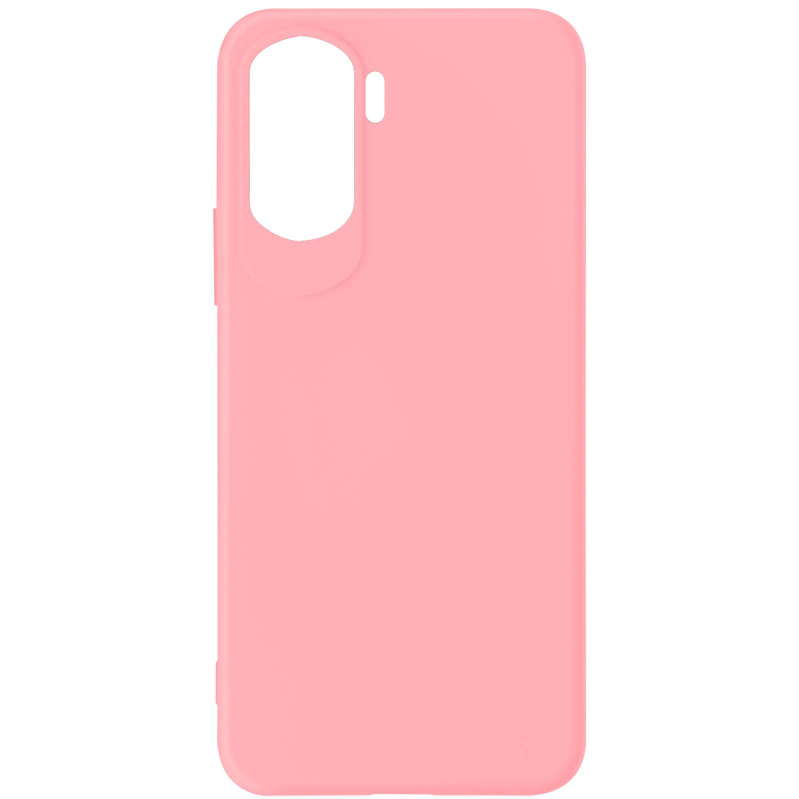 Una custodia rosa per telefono con ritagli per fotocamera e pulsanti. Sfondo bianco.