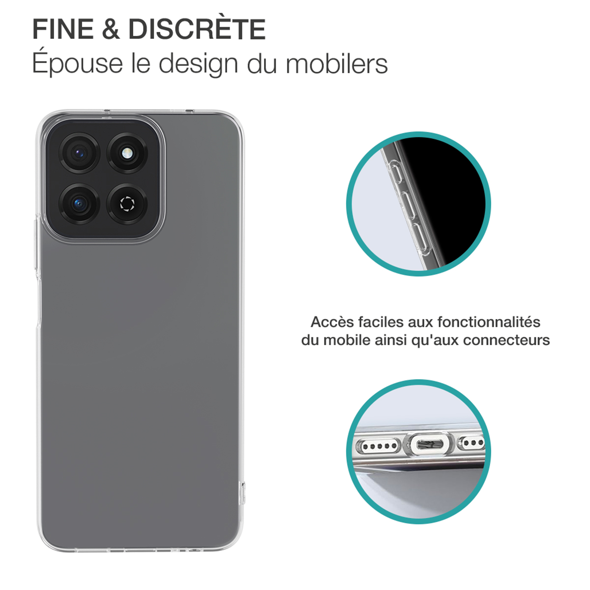 Una custodia trasparente per telefono su un telefono con le funzioni evidenziate e collegate.