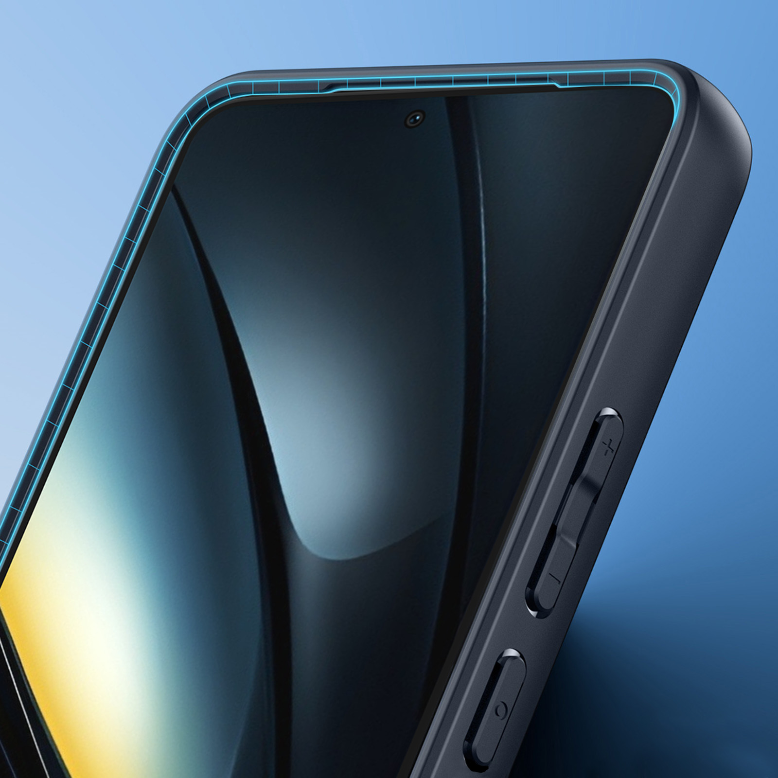 Primo piano di un telefono con custodia nera, che mostra il bordo dello schermo, i pulsanti del volume e la fotocamera.