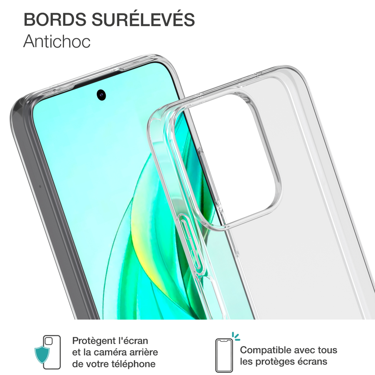 Custodia trasparente per telefono con telefono all'interno, il testo dice 'Bords Surélèves' e 'Antichoc'.