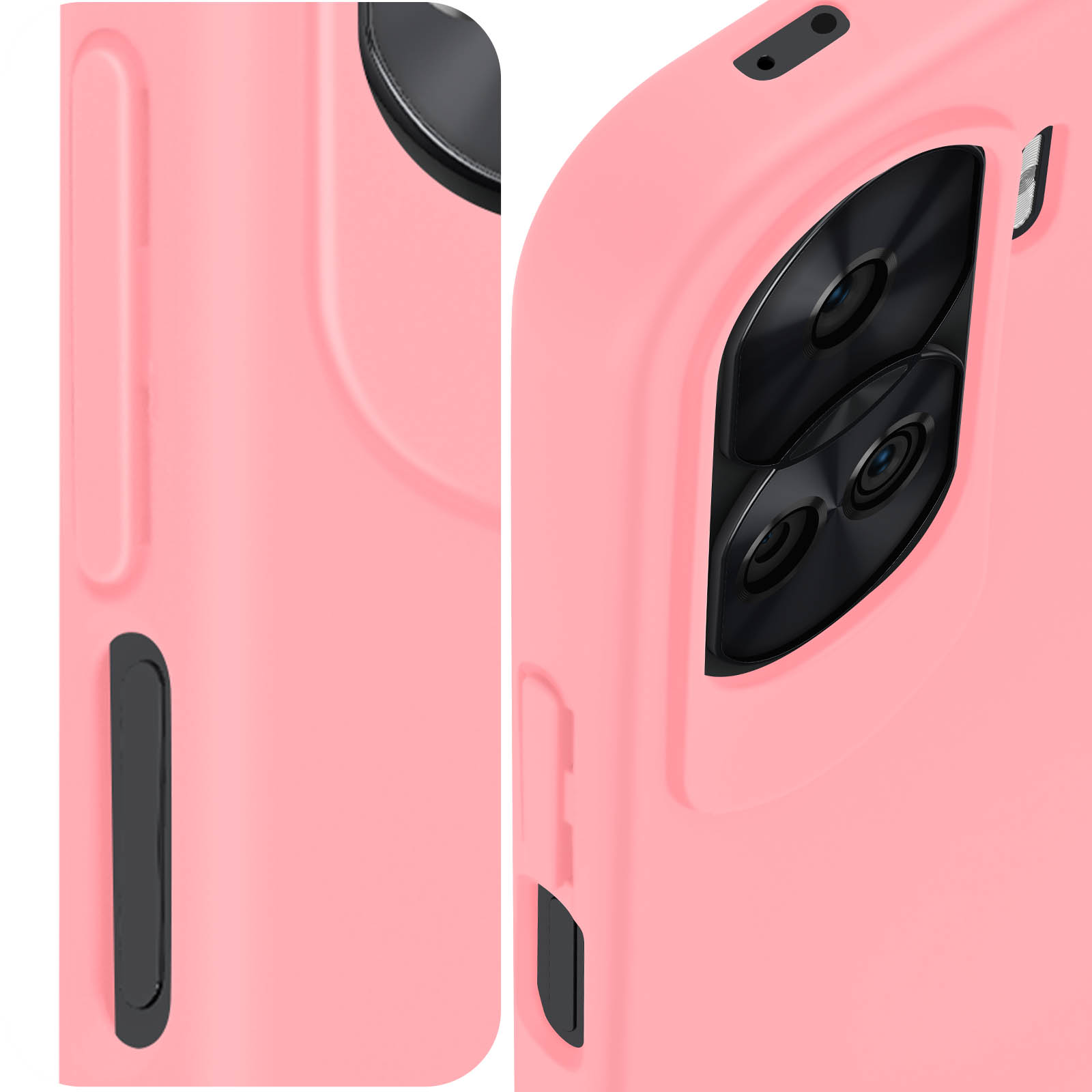 Custodia rosa con fori per la fotocamera. L'immagine mostra due parti della custodia.