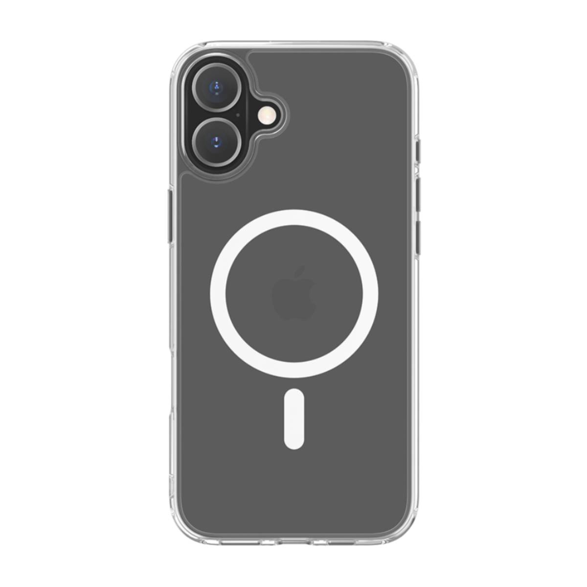 Una custodia trasparente con anello MagSafe bianco e segno meno, con fori per la fotocamera in alto.