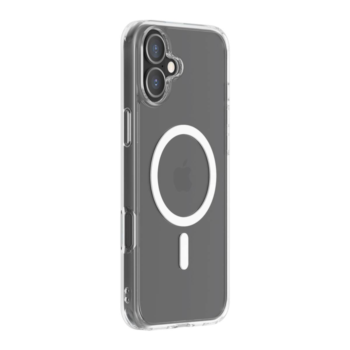 Custodia trasparente per telefono con telefono all'interno. La custodia ha un cerchio bianco al centro.