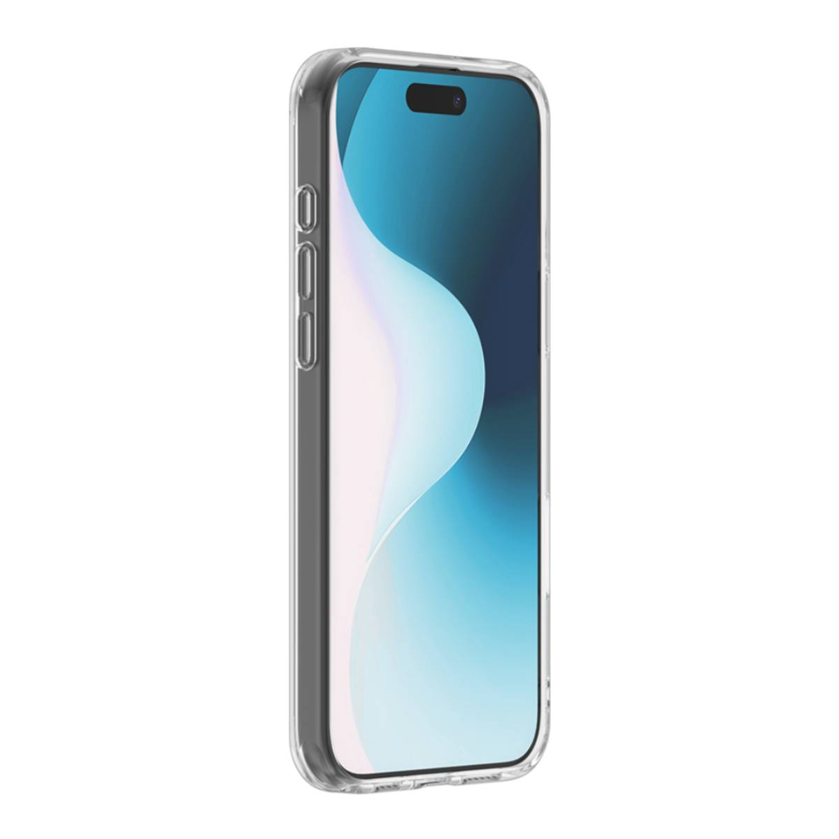 Una custodia trasparente con un telefono all'interno. Il telefono ha uno schermo. I pulsanti sono visibili.