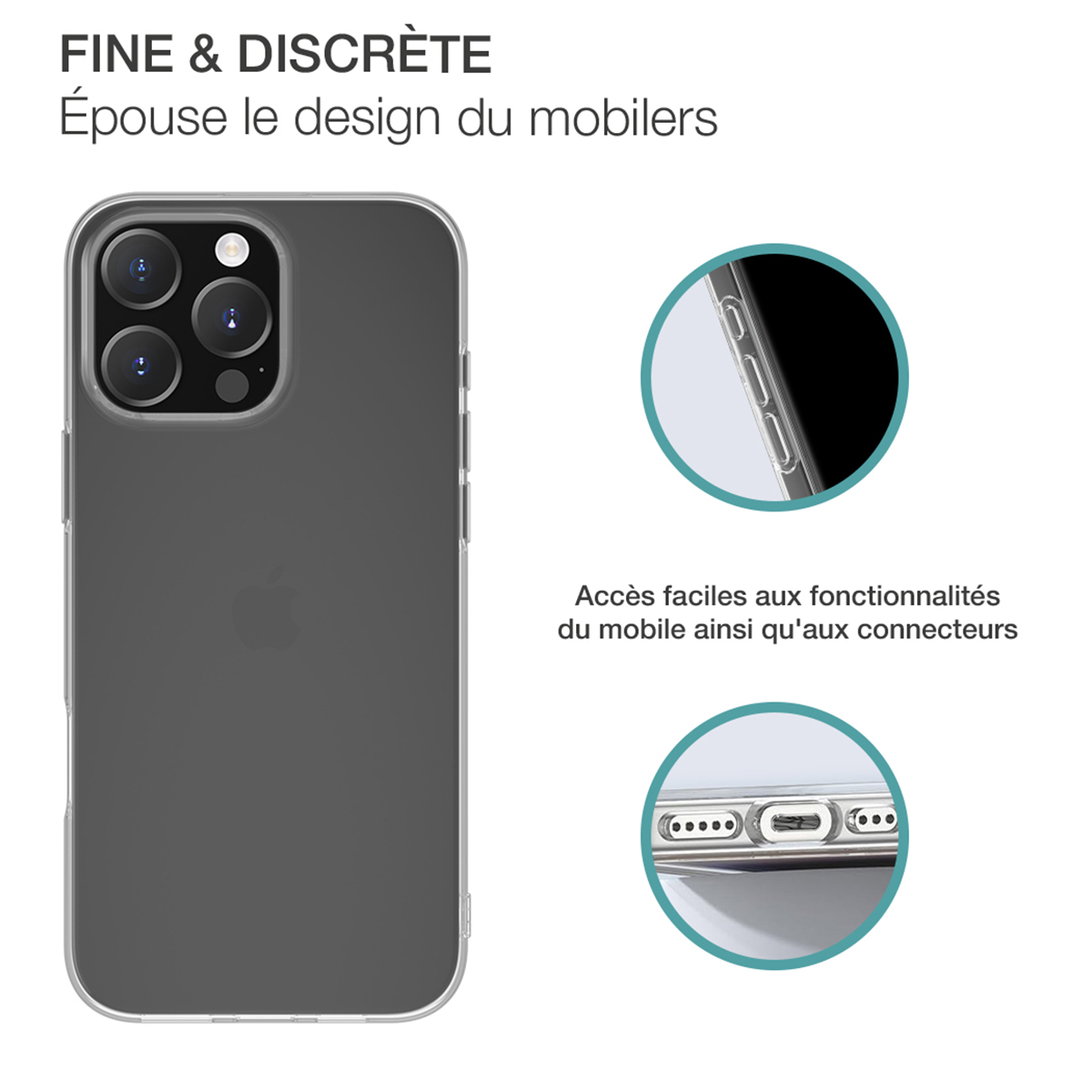 Custodia per telefono con retro grigio scuro e lati trasparenti. Sfondo bianco.