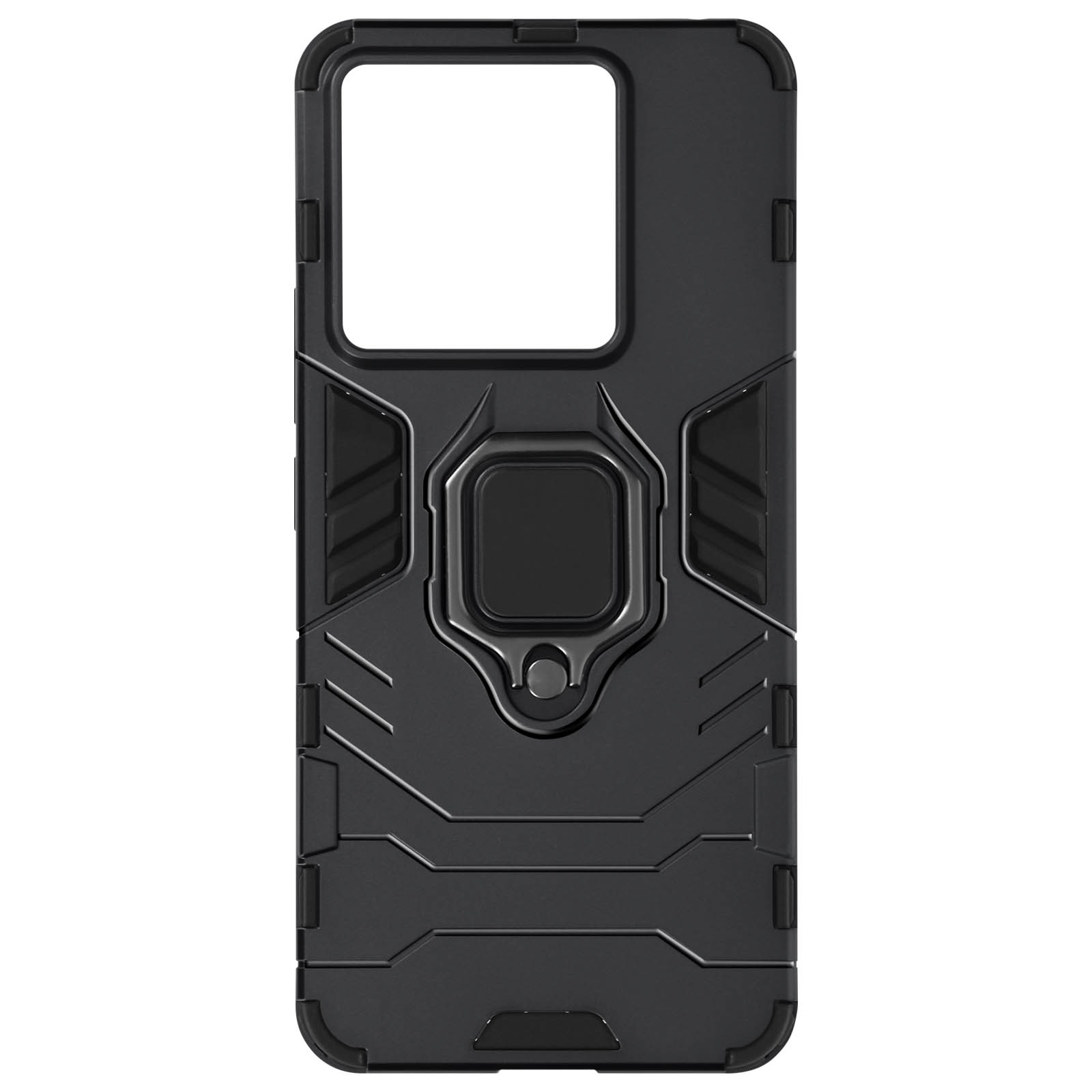 Custodia nera per telefono con ritaglio quadrato per fotocamera e anello.