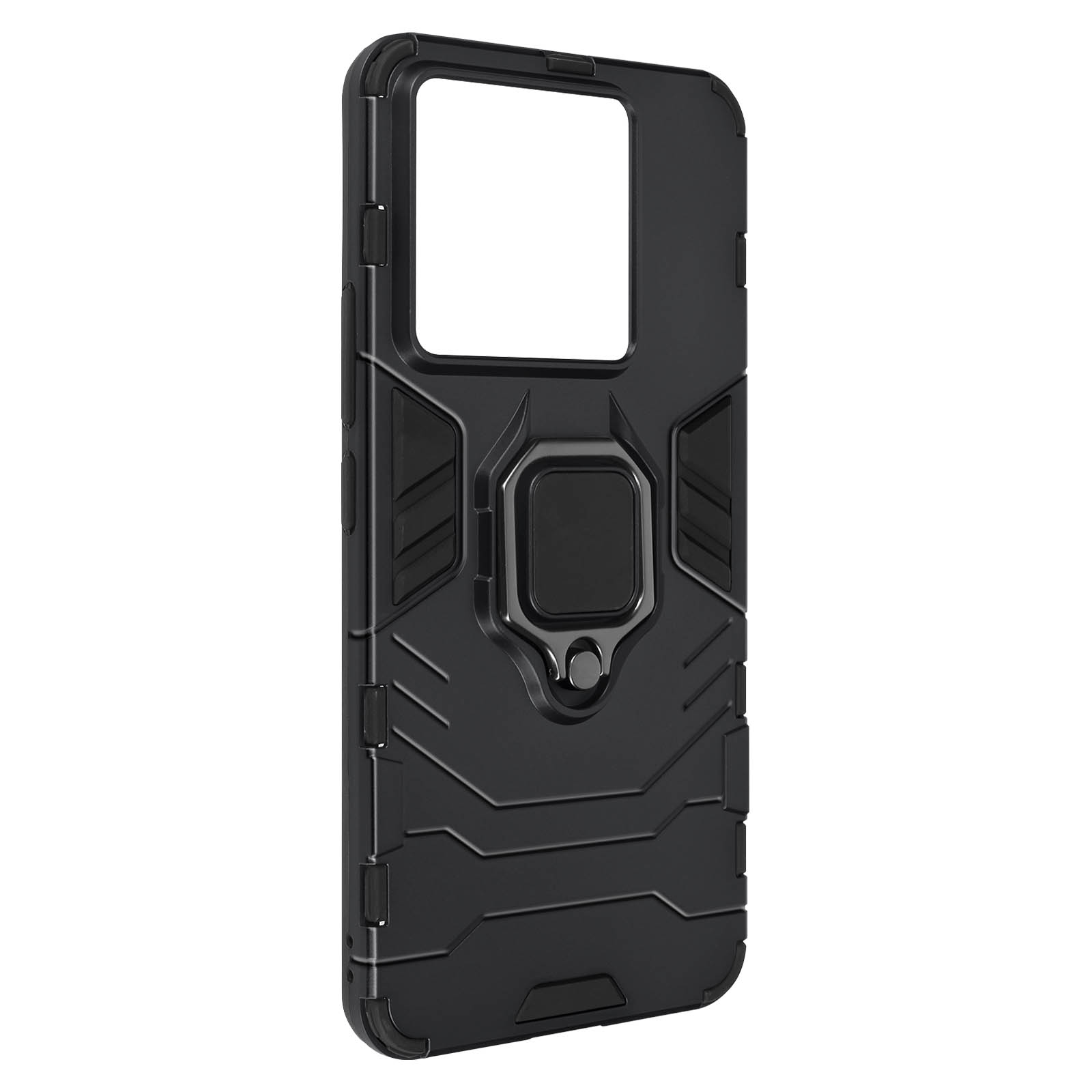 Custodia nera per telefono con anello. Ha ritaglio fotocamera quadrato e design robusto.