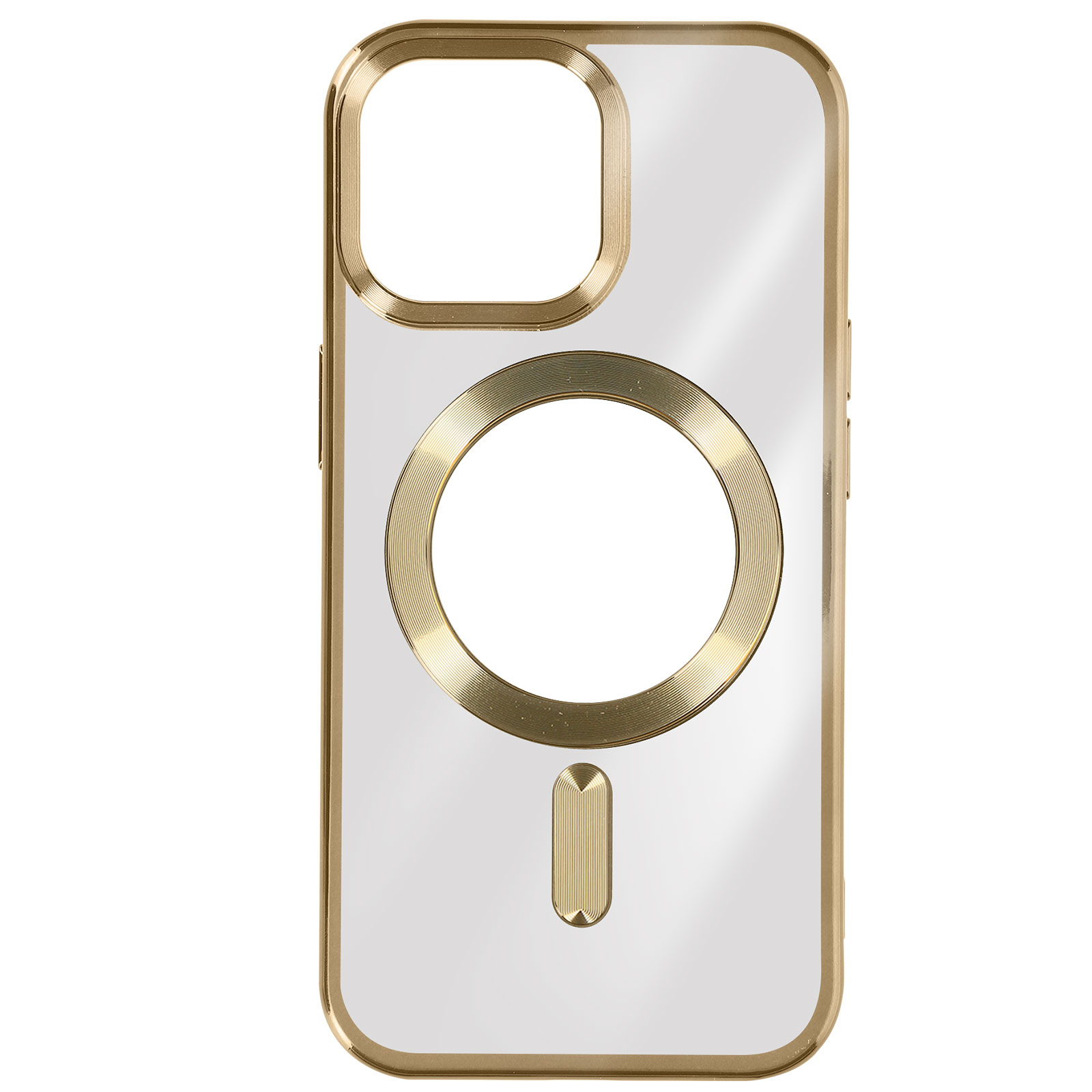 Coque de téléphone transparente avec bordure dorée, un téléphone à l'intérieur, montrant la découpe de la caméra et l'anneau magnétique.