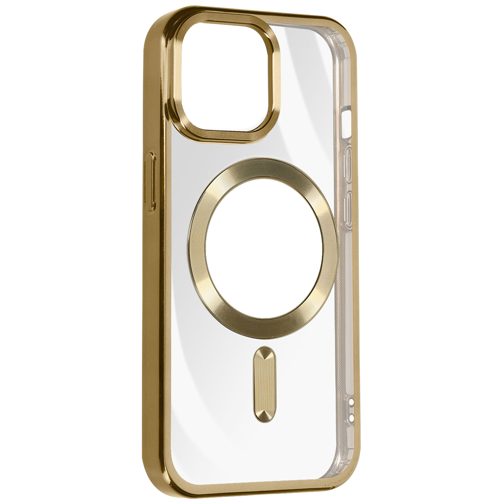 Coque de téléphone transparente avec cadre doré et anneau MagSafe.