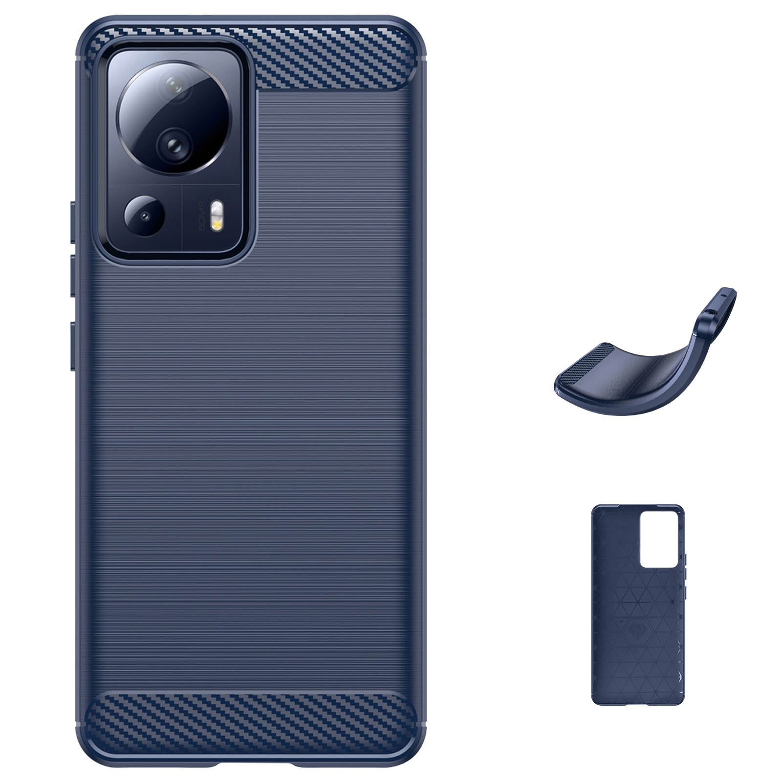Custodia blu per telefono con design in fibra di carbonio, tre pezzi aggiuntivi. Sfondo bianco.