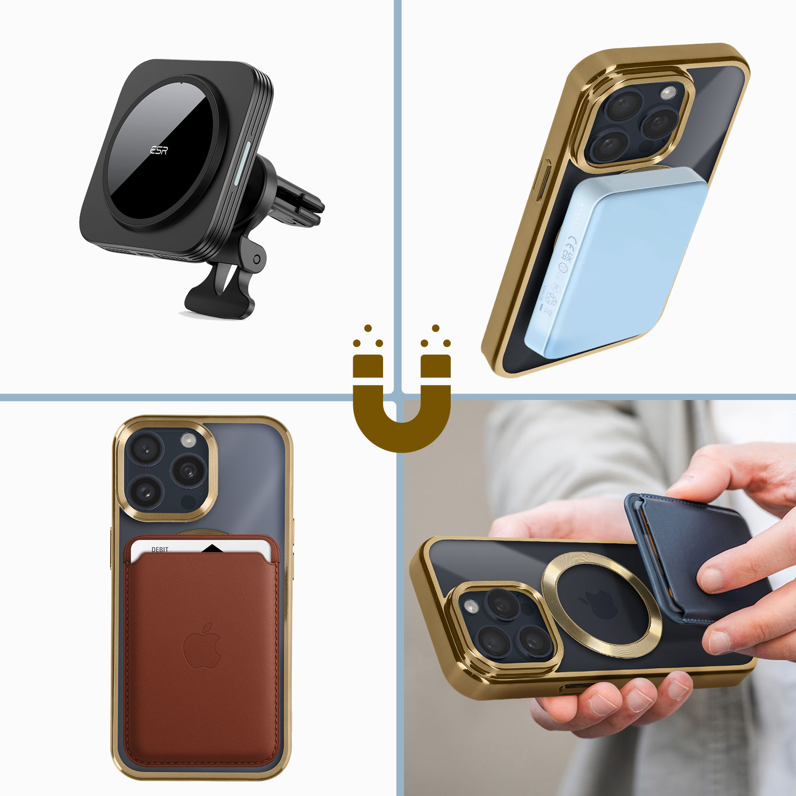Quatre images d'accessoires pour téléphone. Comprend un support de voiture, une batterie externe et deux coques.