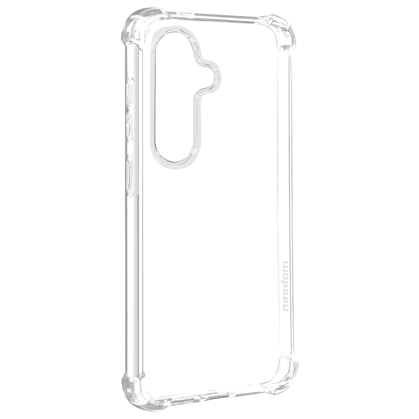 Custodia trasparente per telefono con design trasparente. La custodia è su sfondo bianco.