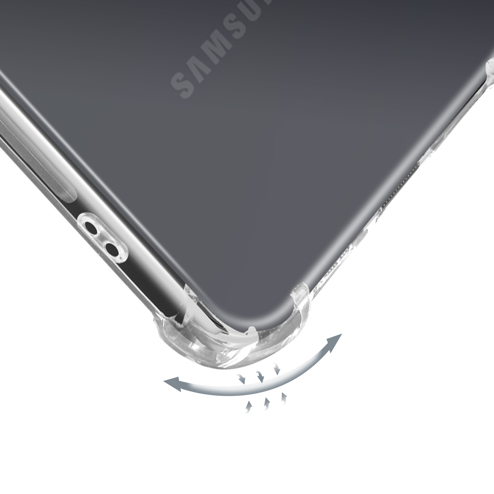 Custodia trasparente con bordi curvi, che mostra il logo Samsung.