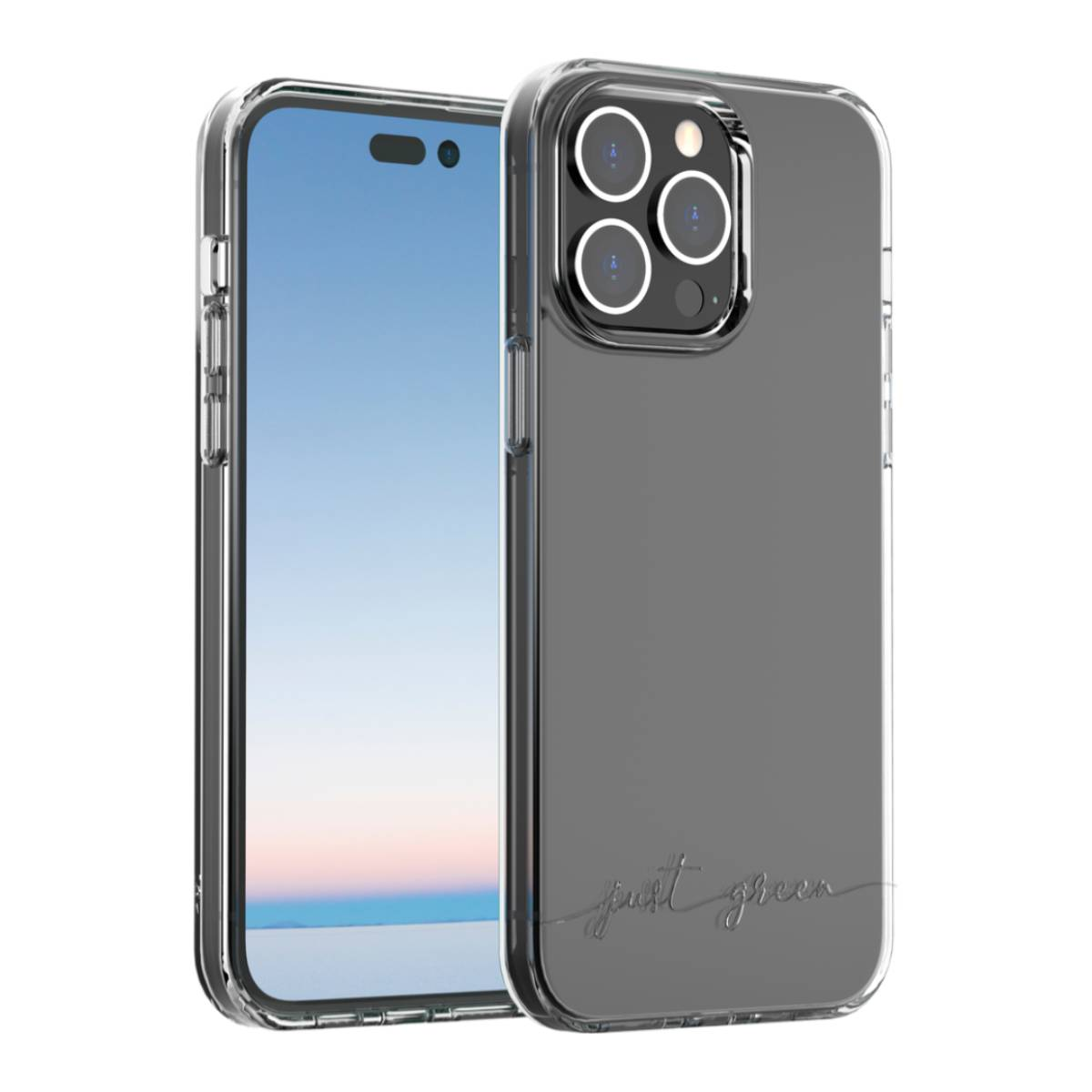 Una custodia trasparente con retro trasparente e un telefono nero all'interno. La custodia ha un design semplice.