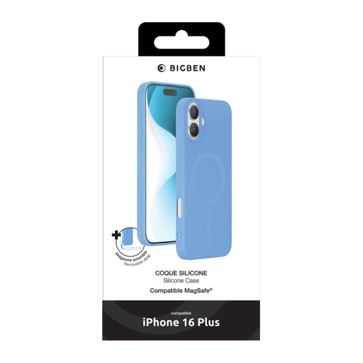 Custodia blu per telefono in scatola, compatibile con iPhone 16 Plus. Etichetta BigBen.