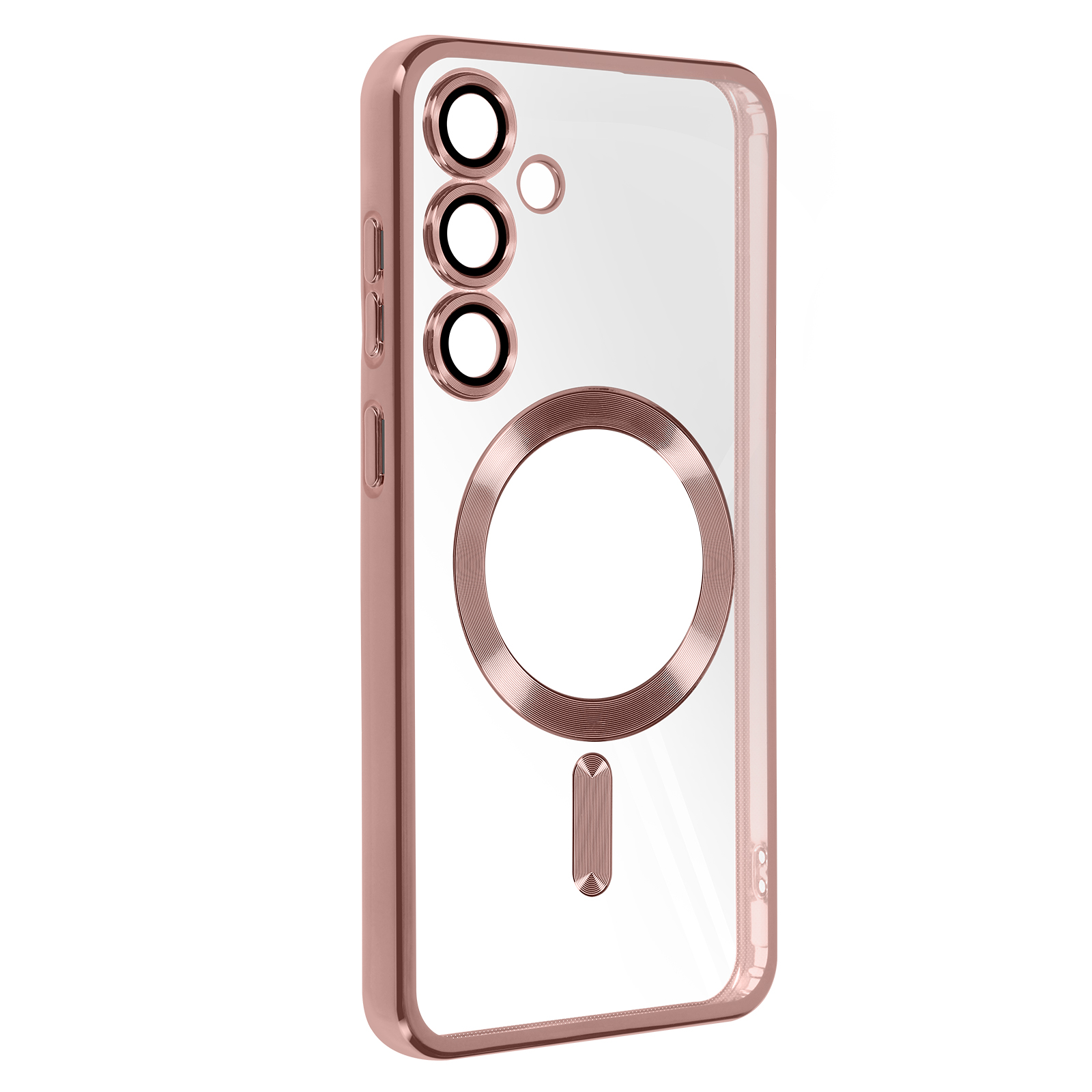 Custodia per telefono oro rosa, retro trasparente, tre fotocamere, dettaglio ad anello, vista angolata, sfondo bianco.