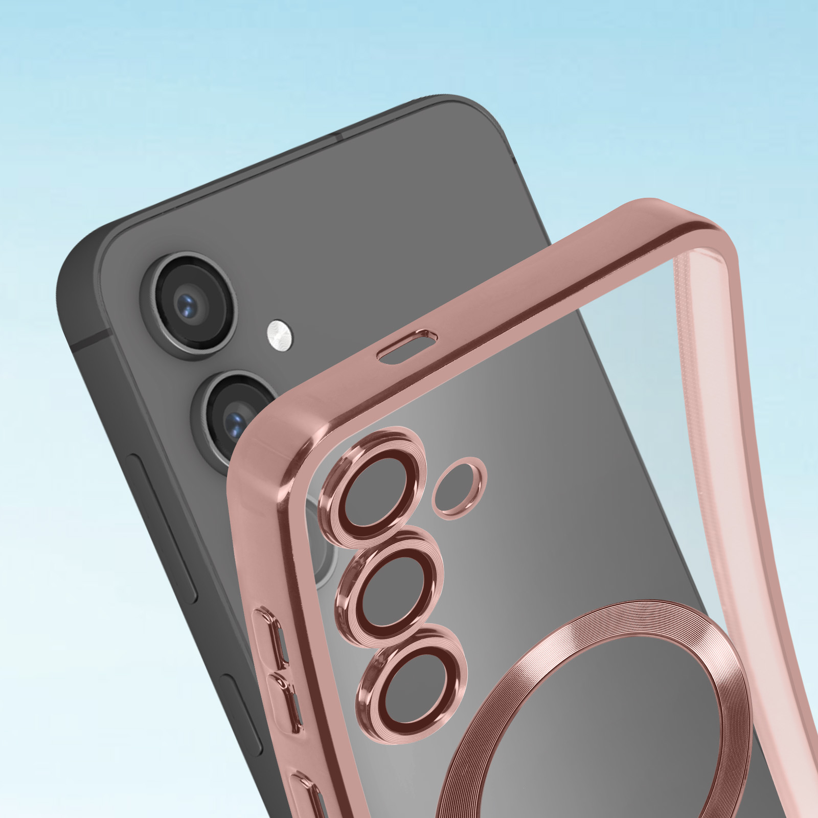 Telefono con custodia oro rosa accanto a un altro telefono su sfondo blu.