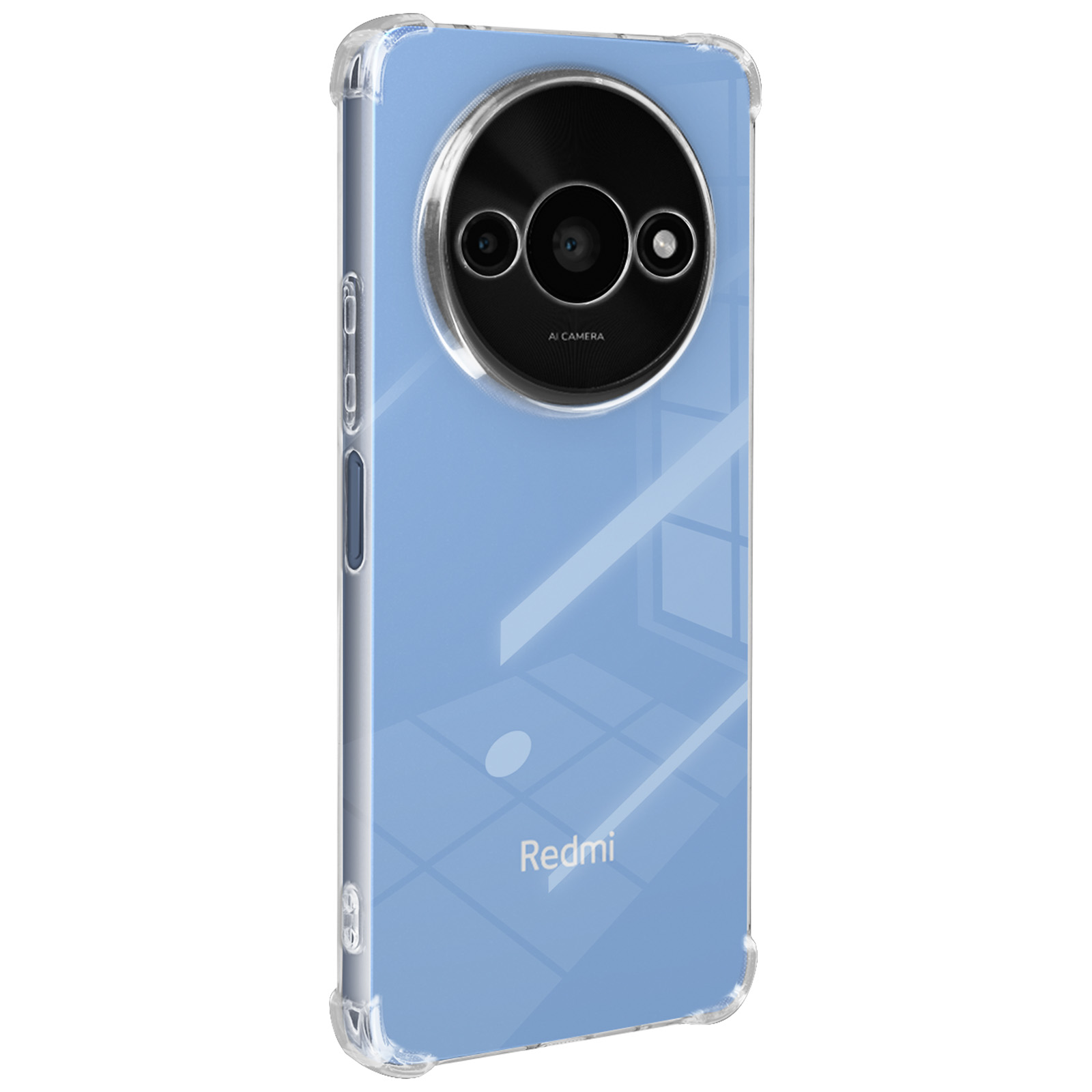 Custodia trasparente per telefono su un telefono. La parte posteriore del telefono è blu. Il marchio Redmi è visibile.