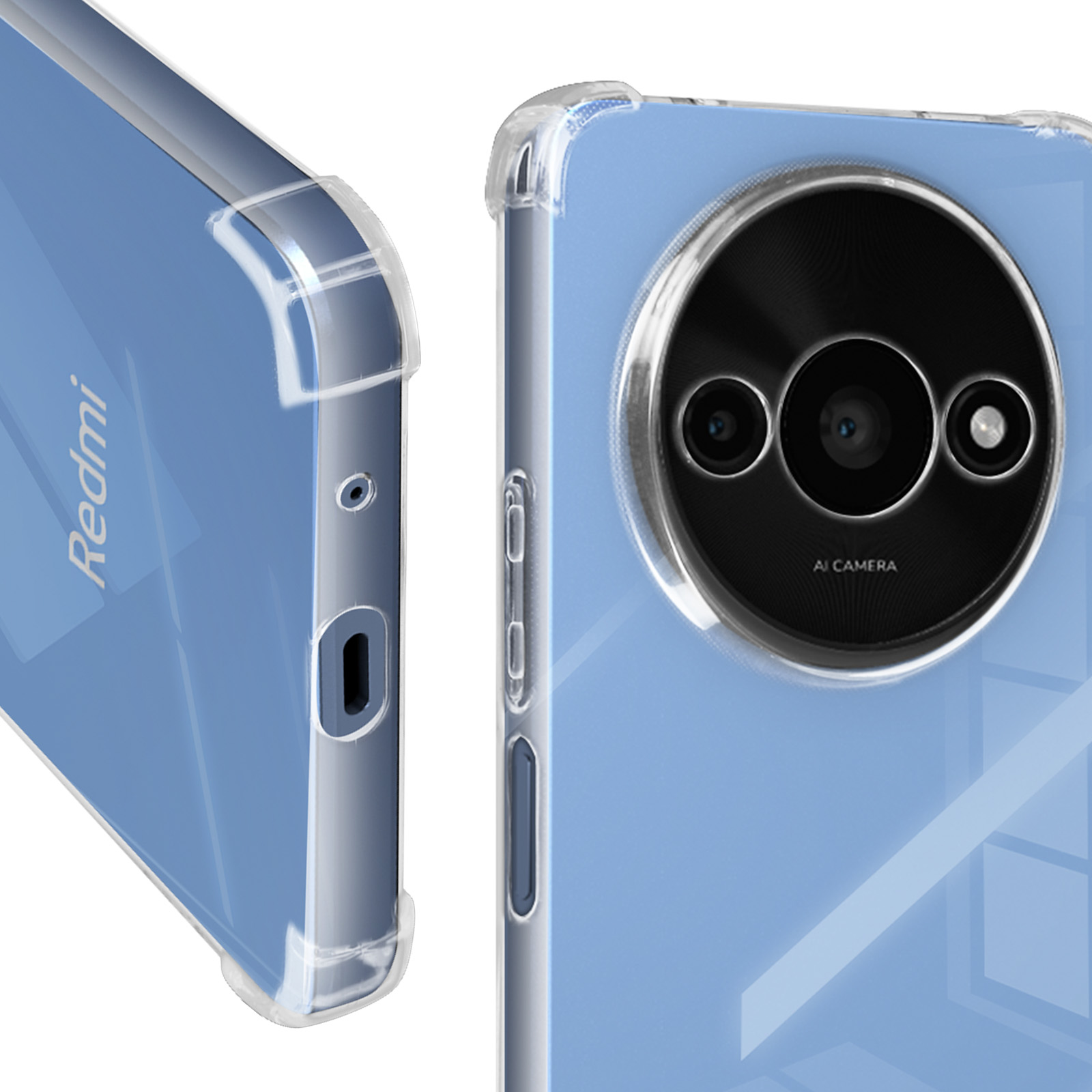 Telefono con custodia trasparente. Il telefono è blu. La custodia è trasparente e ha un ritaglio per la fotocamera.