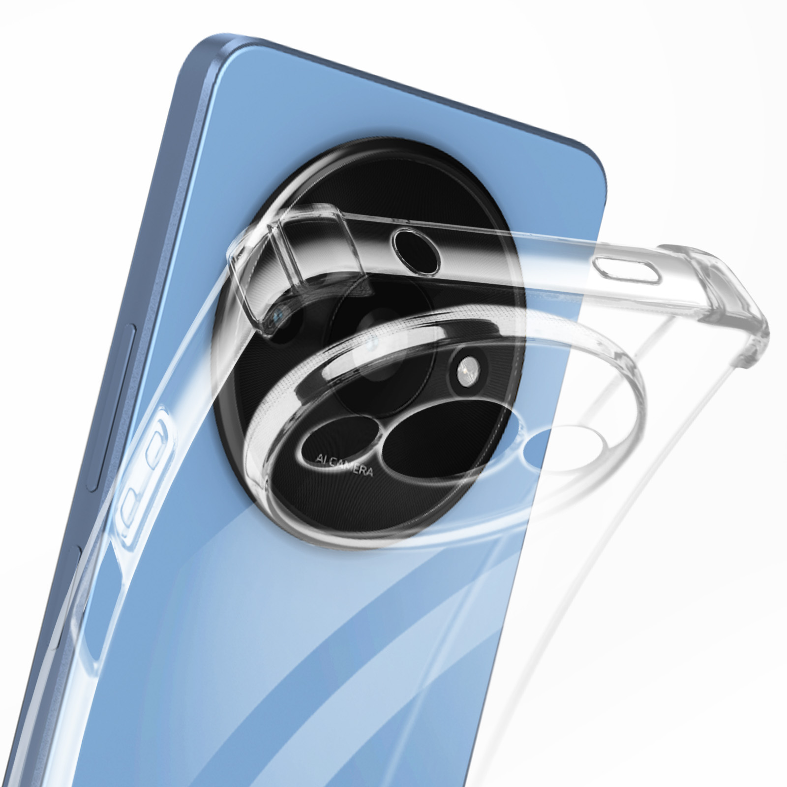 Un telefono coperto da una custodia trasparente. La parte posteriore del telefono è blu e la fotocamera è visibile.